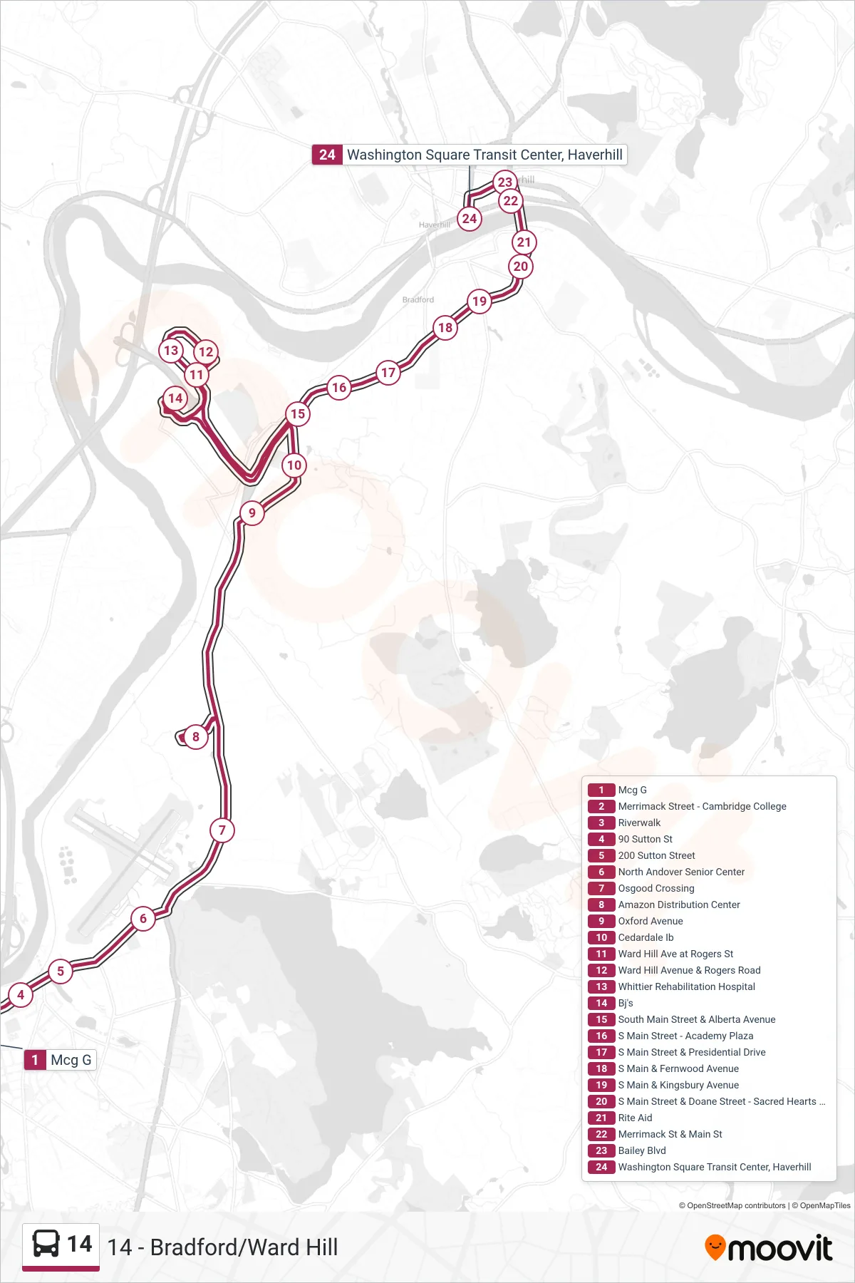 14 bus Line (Inbound) route and stops on a map