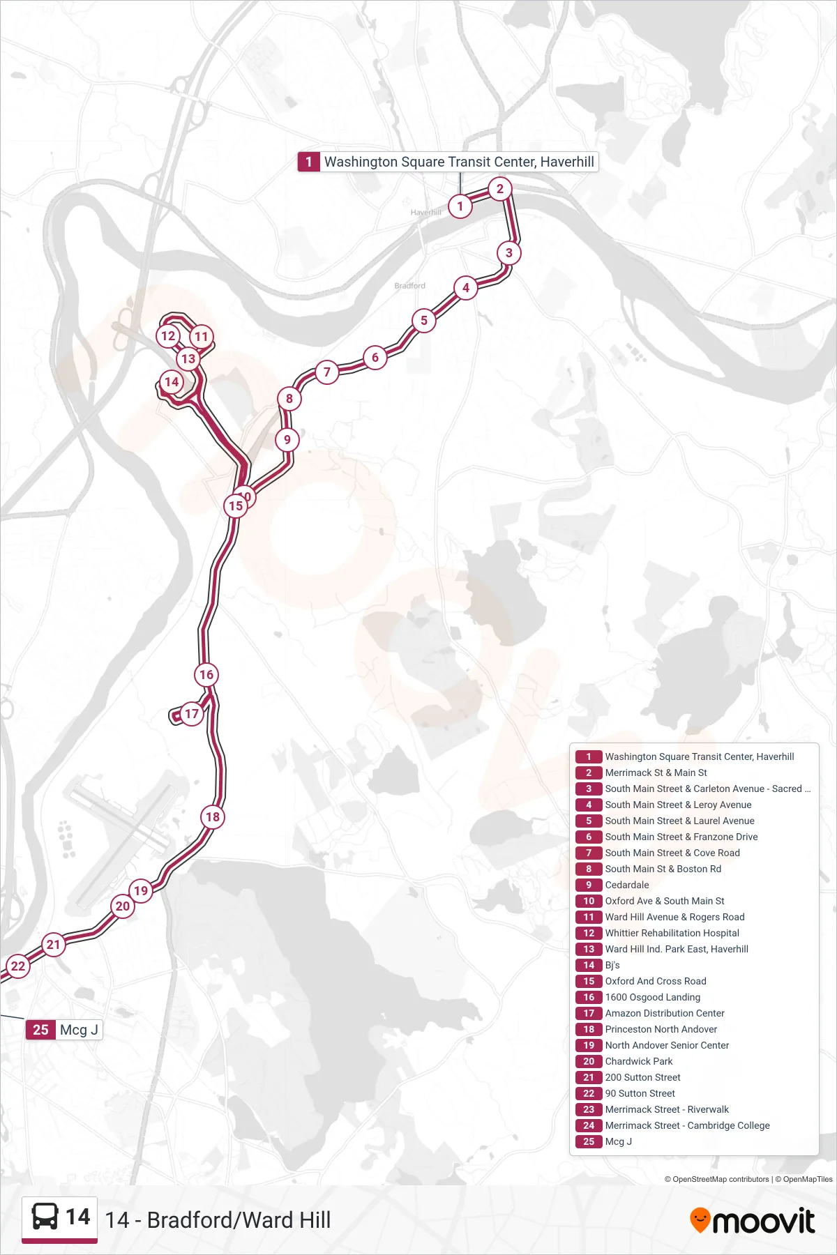 14 bus Line (Outbound) route and stops on a map