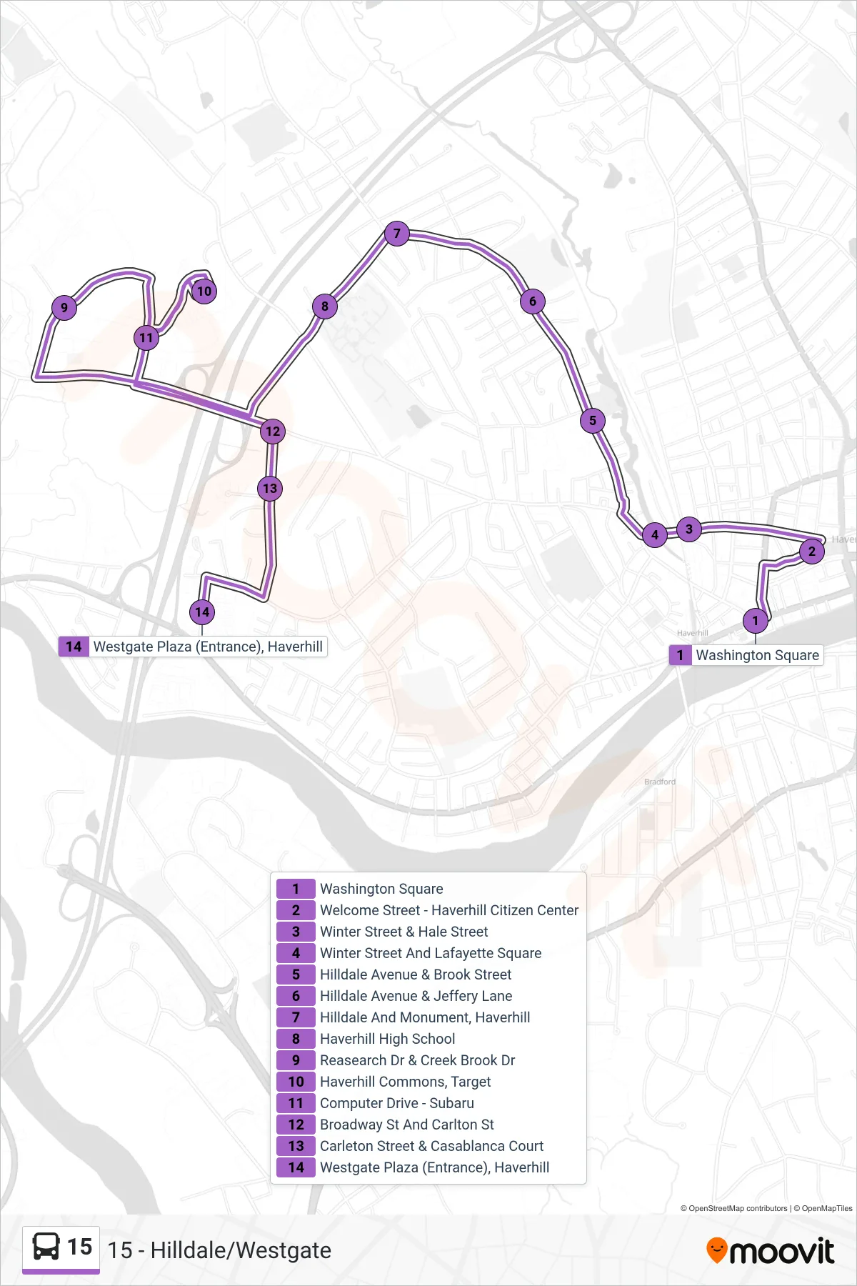 15 bus Line (Haverhill Commons) route and stops on a map