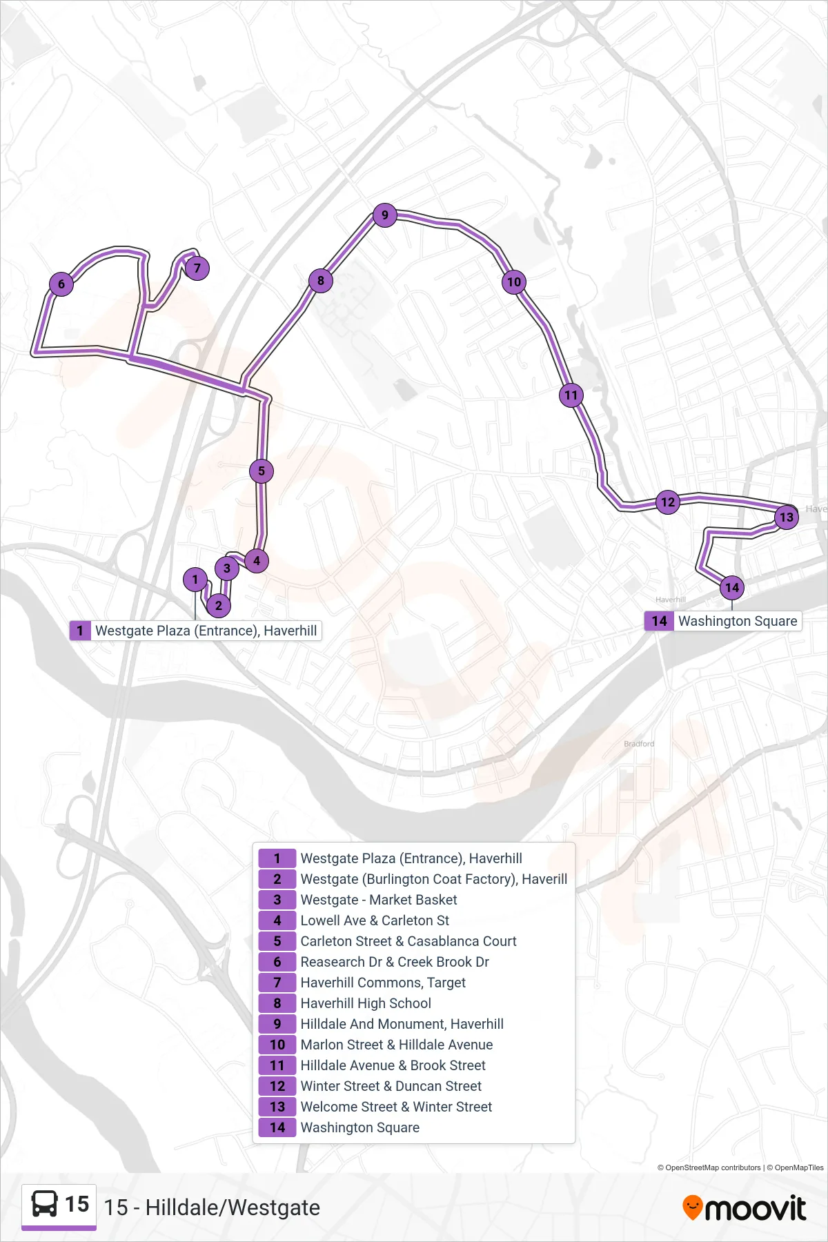 15 bus Line (Haverhill Transit) route and stops on a map