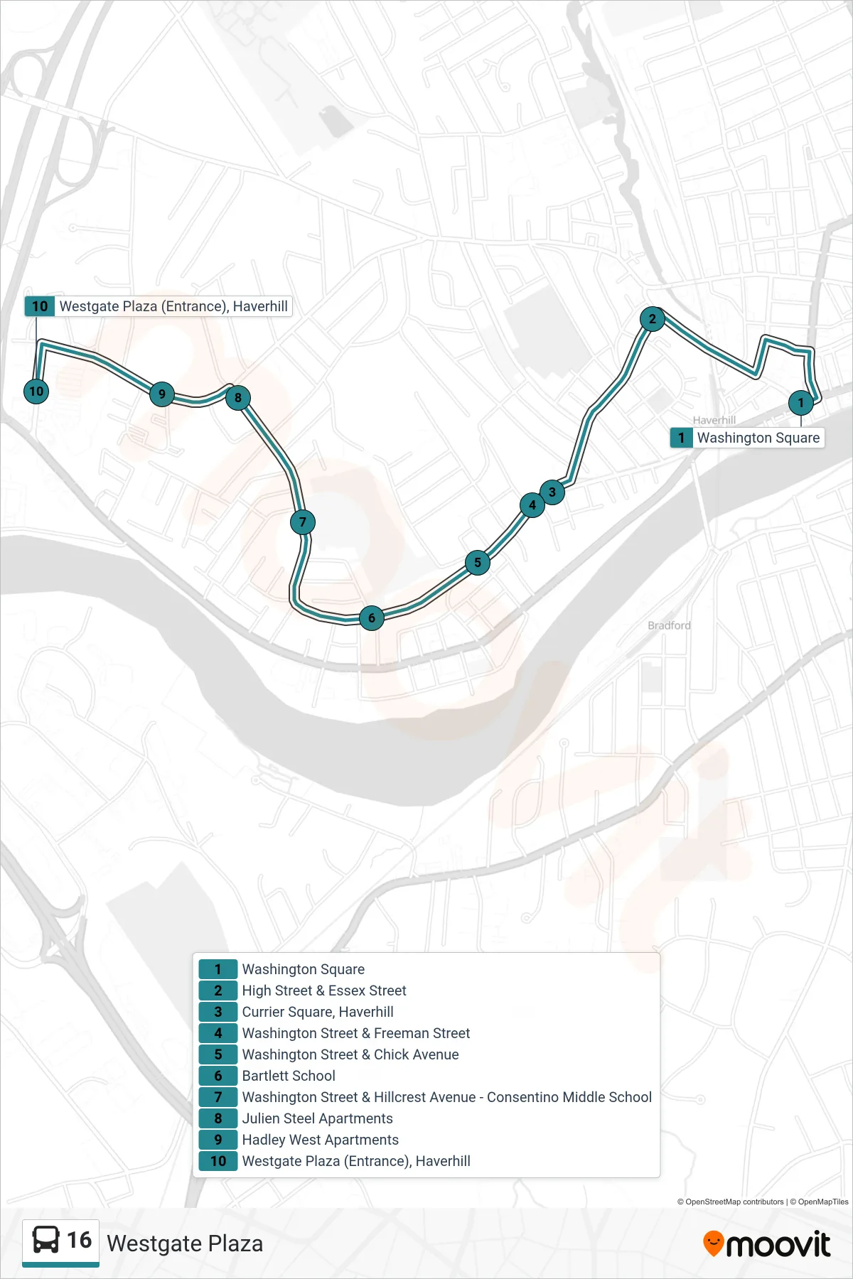 16 bus Line (Westgate Plaza) route and stops on a map