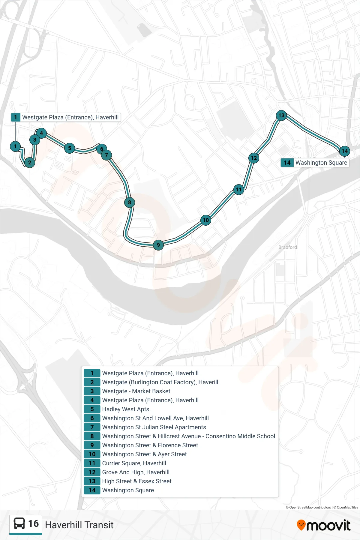 16 bus Line (Haverhill Transit) route and stops on a map