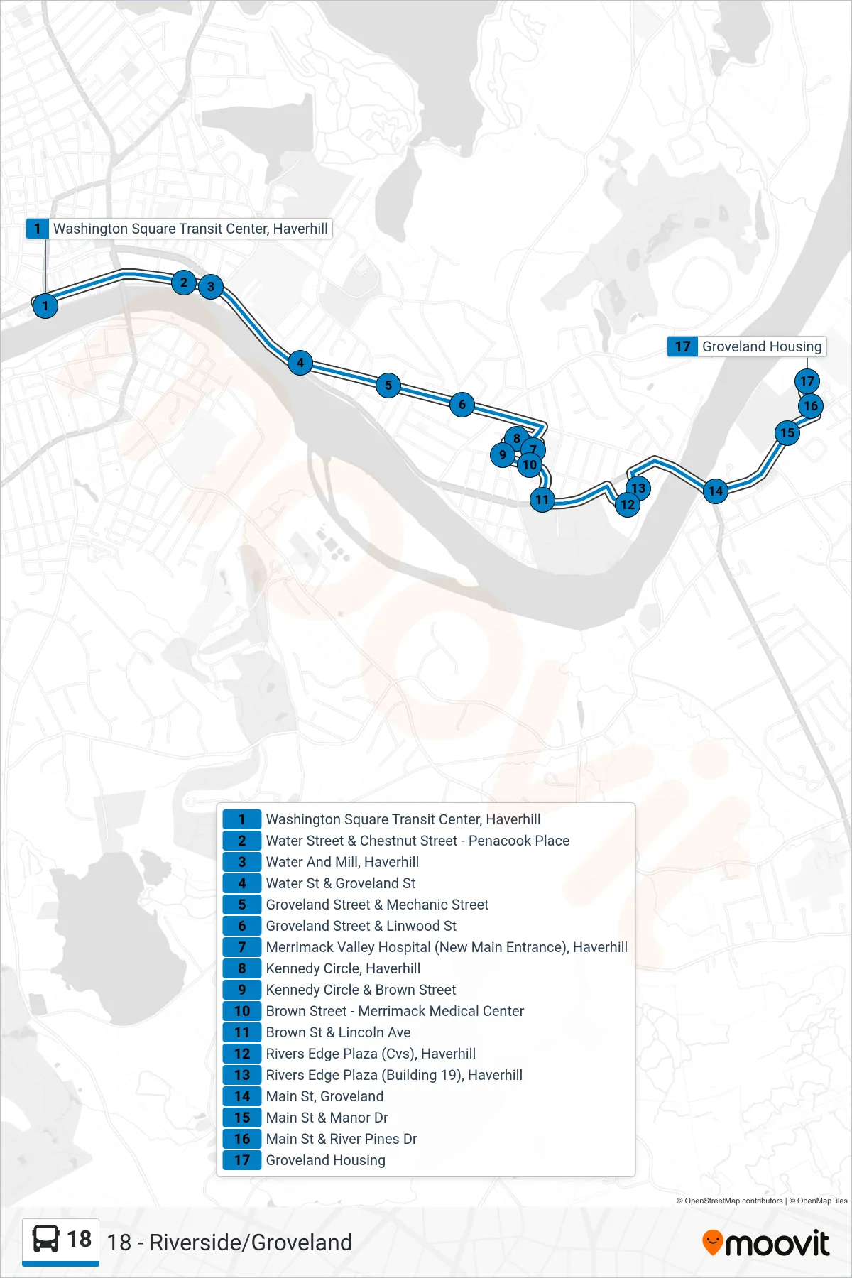 18 bus Line (Riverside Groveland) route and stops on a map