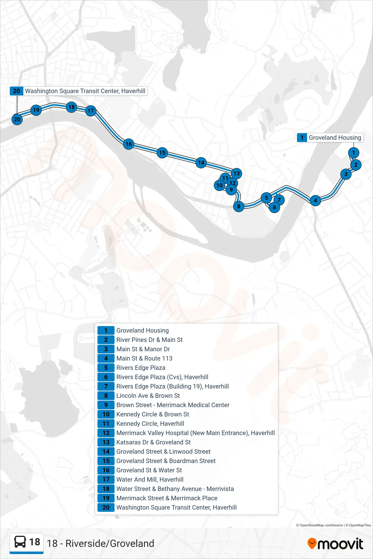 18 bus Line (Haverhill Transit) route and stops on a map