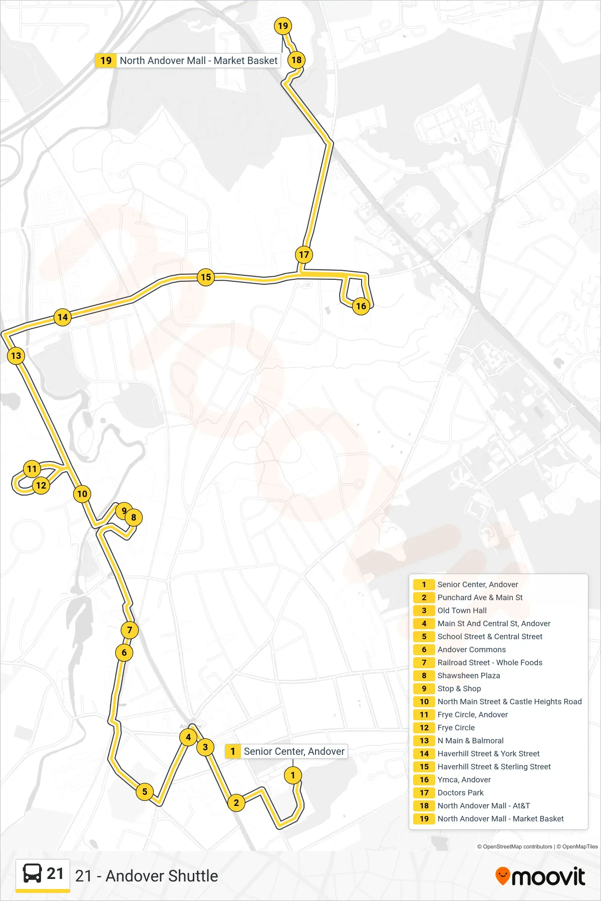 21 bus Line (North Andover Mall) route and stops on a map