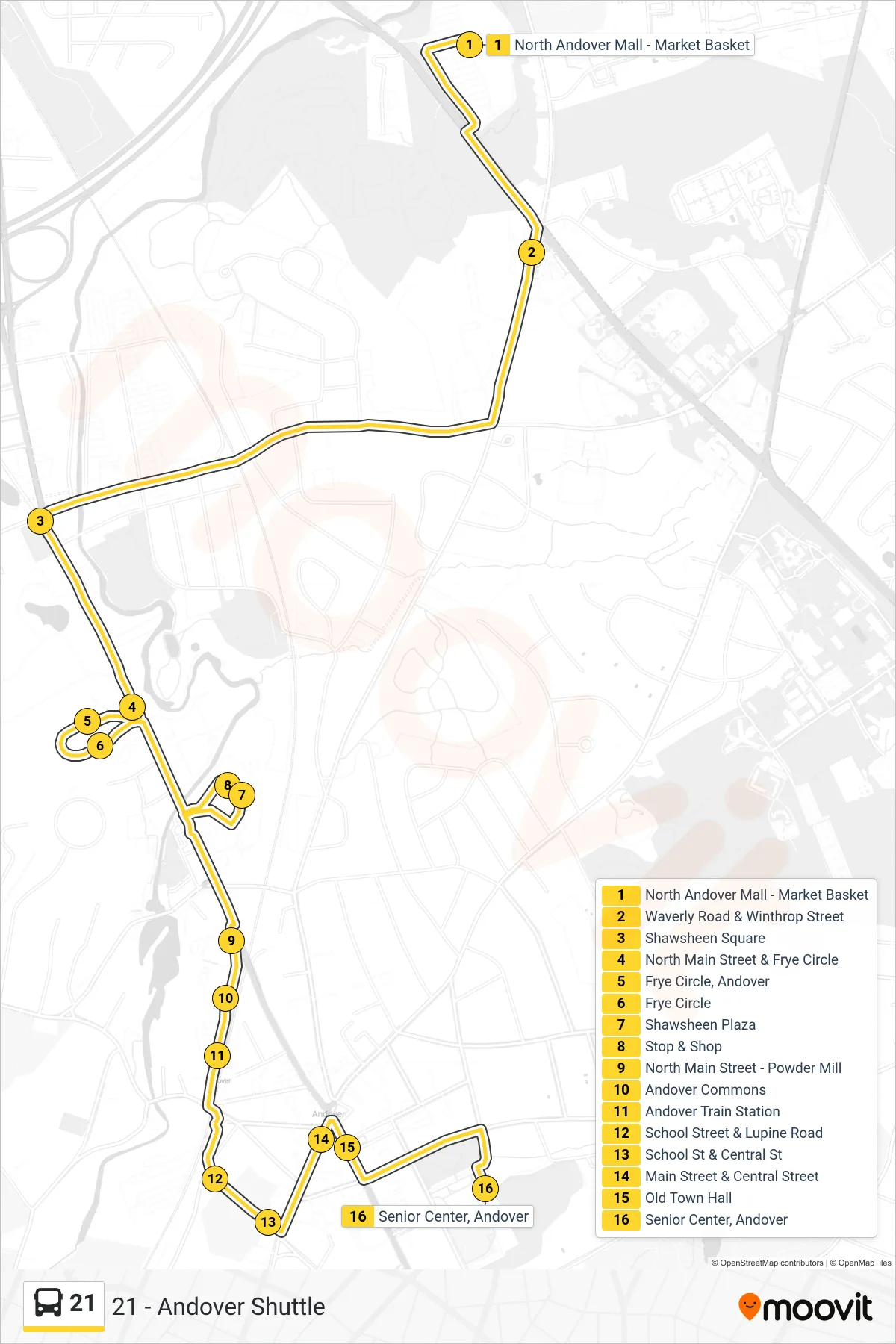 21 bus Line (Senior Center) route and stops on a map