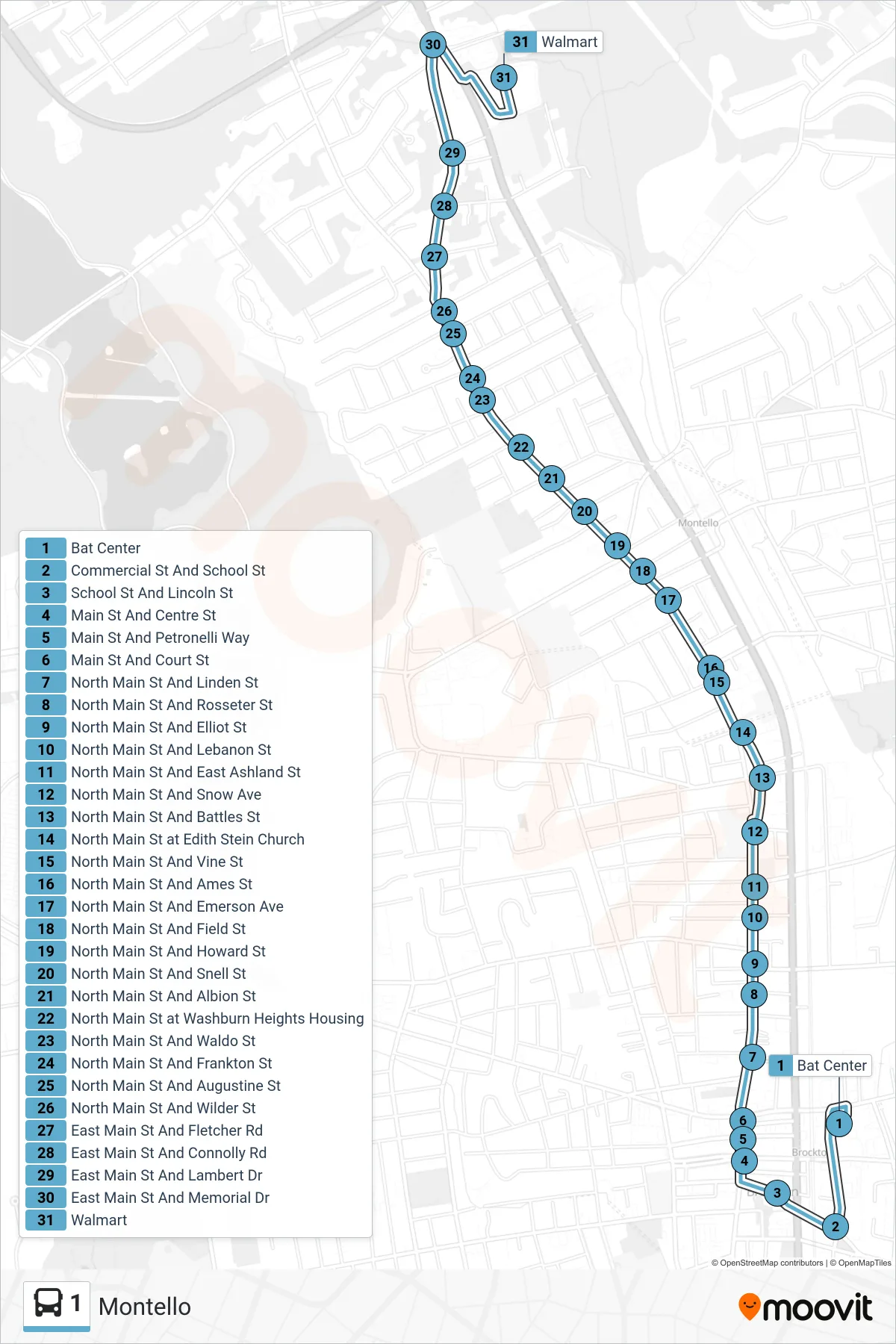 1 bus Line (Montello) route and stops on a map