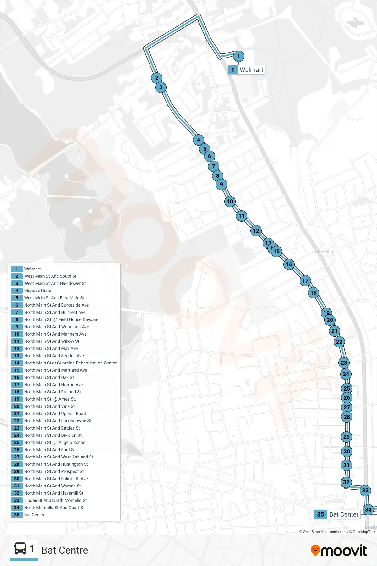 1 bus Line (Bat Centre) route and stops on a map