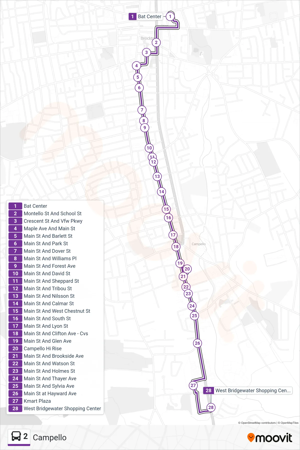 2 bus Line (Campello) route and stops on a map