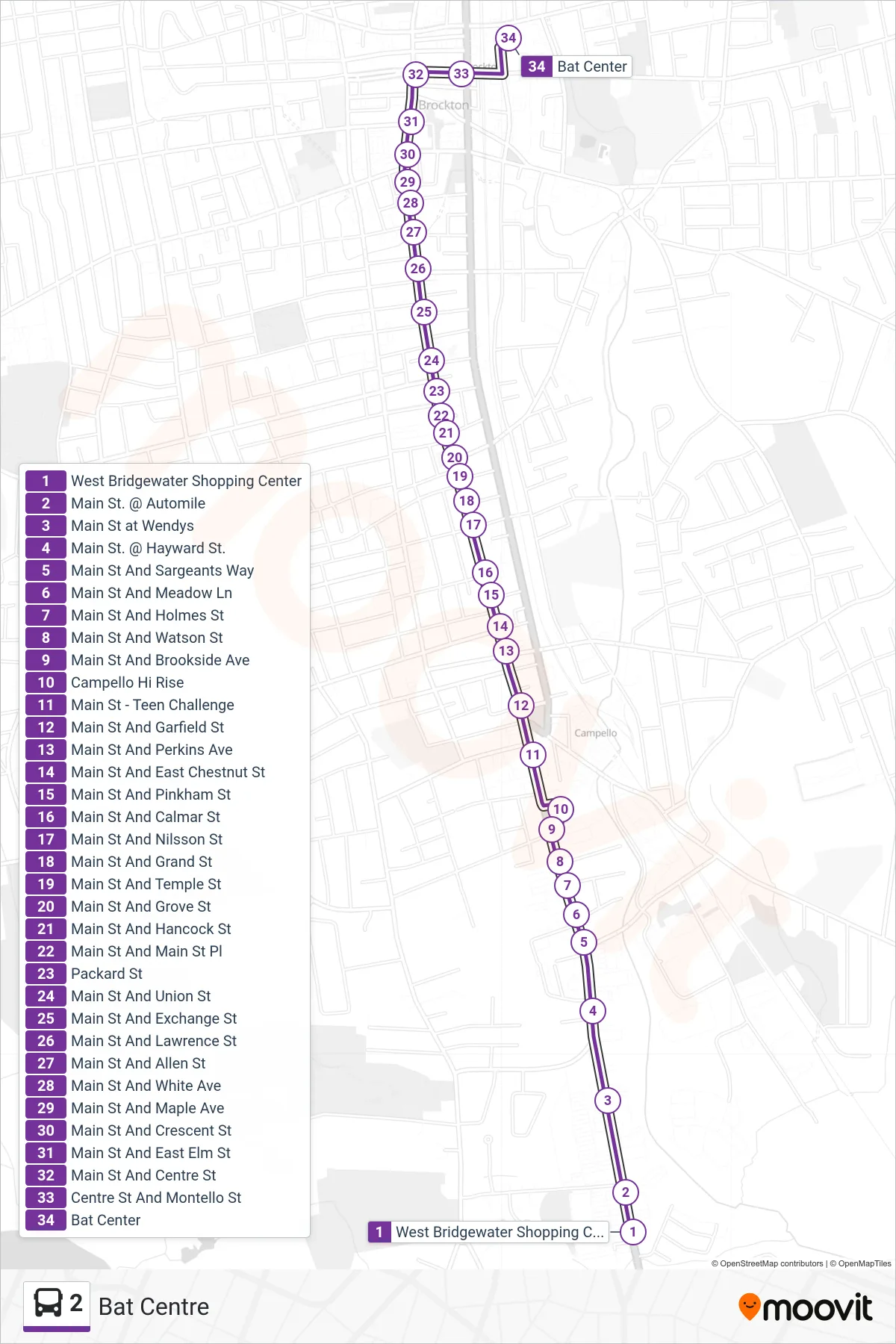 2 bus Line (Bat Centre) route and stops on a map