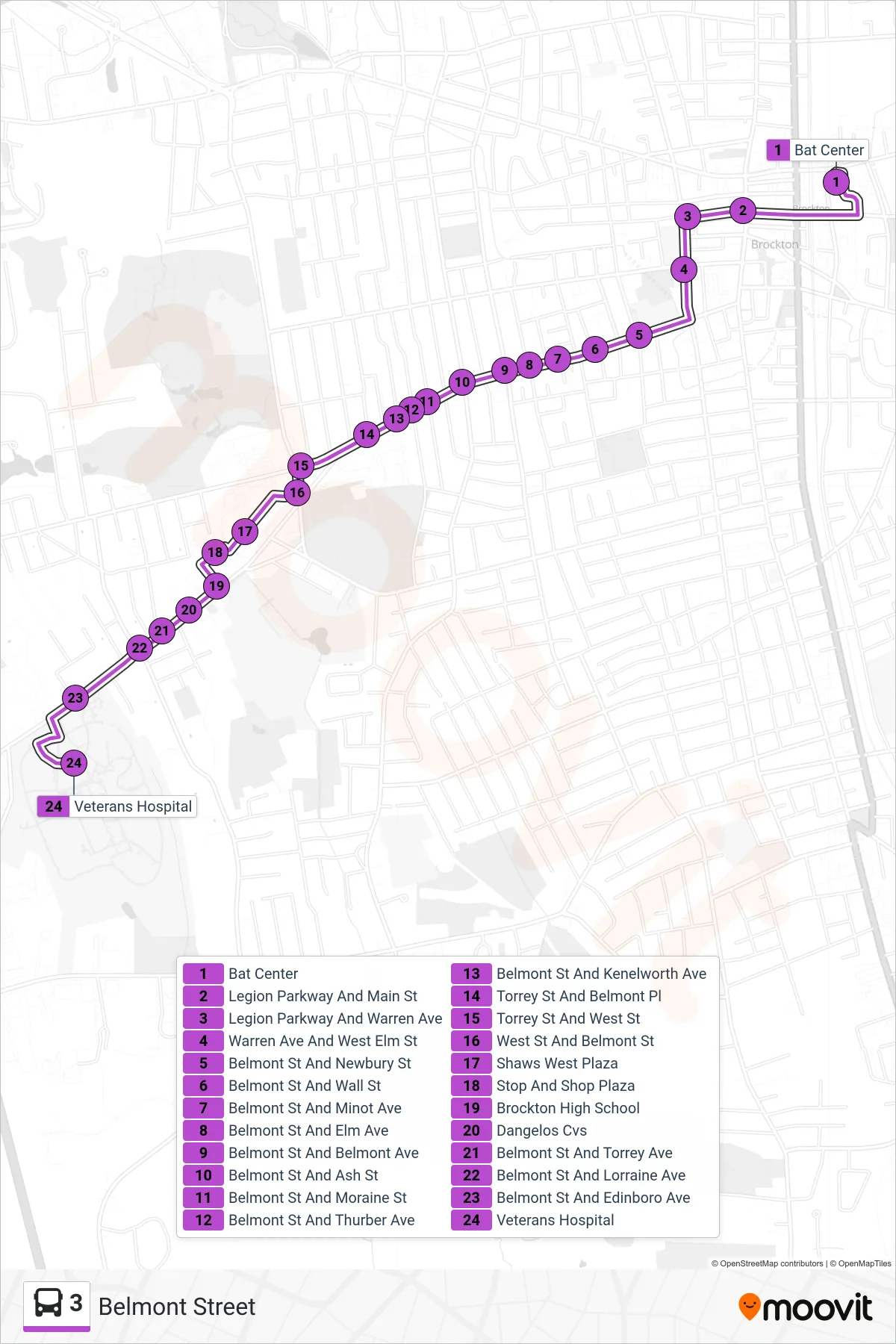 3 bus Line (Belmont Street) route and stops on a map