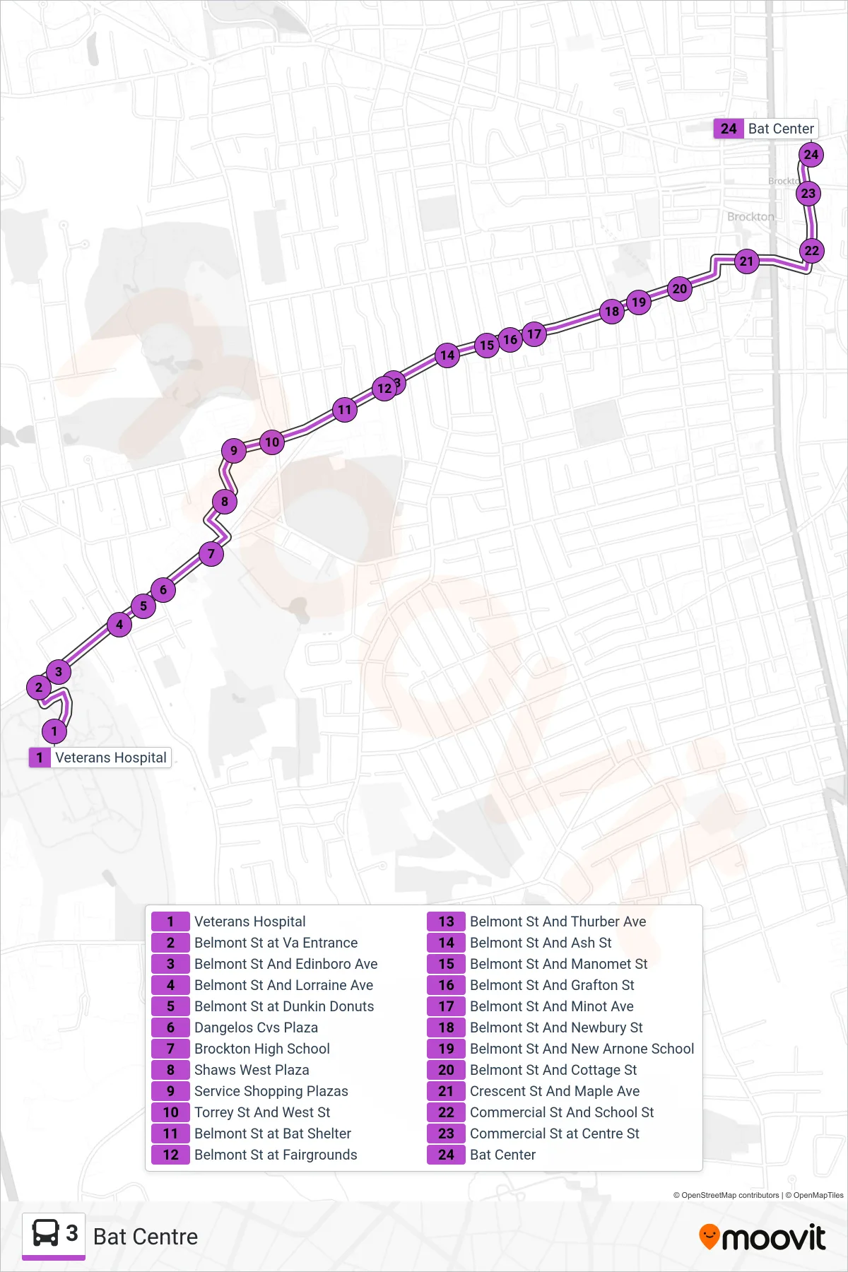 3 bus Line (Bat Centre) route and stops on a map