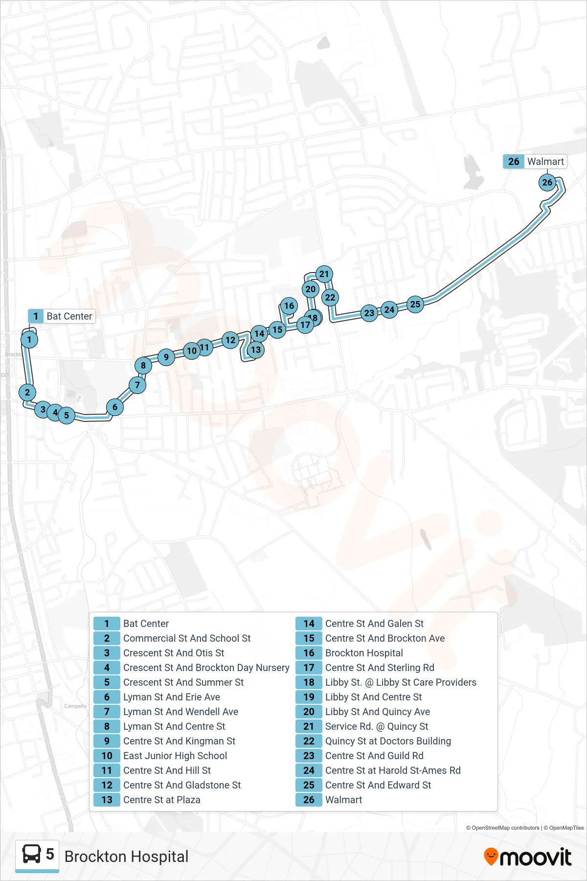 5 bus Line (Brockton Hospital) route and stops on a map