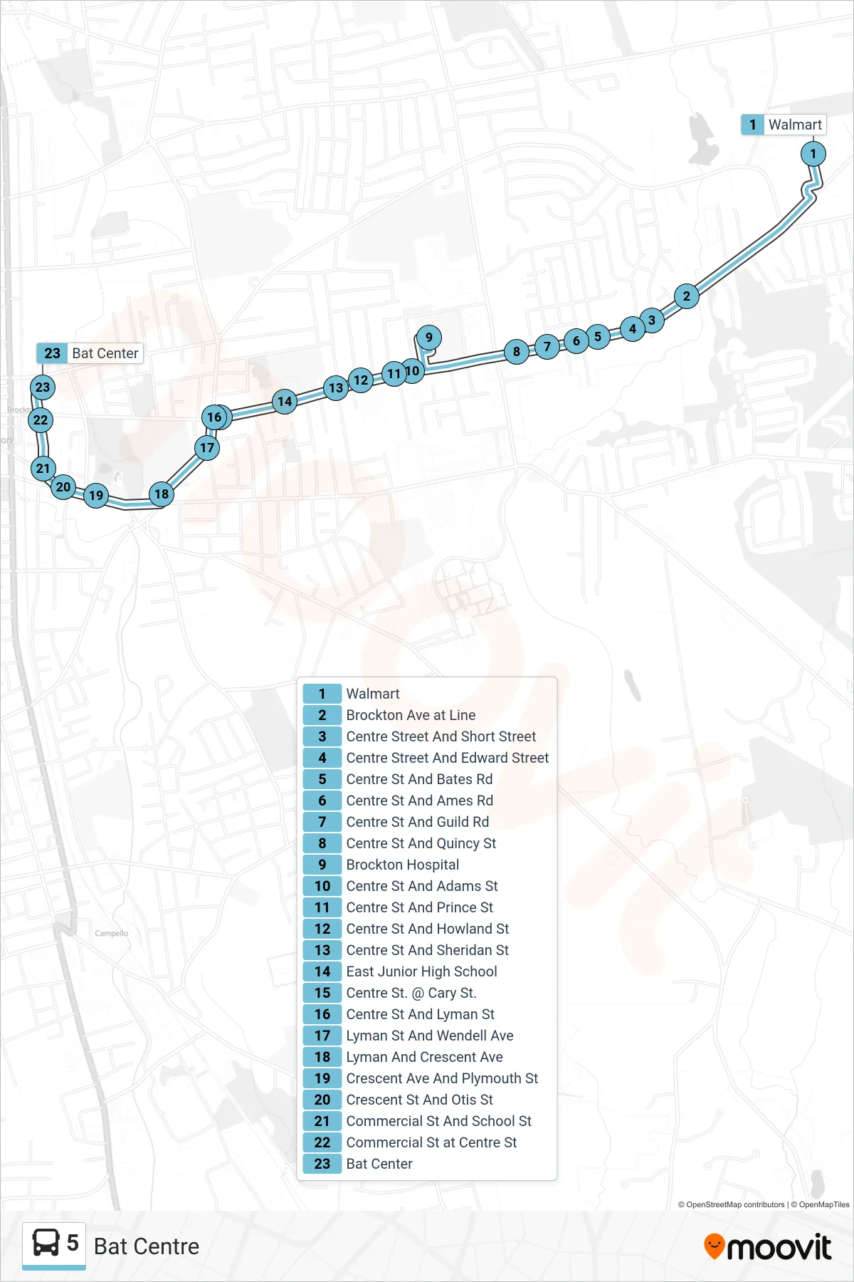 5 bus Line (Bat Centre) route and stops on a map