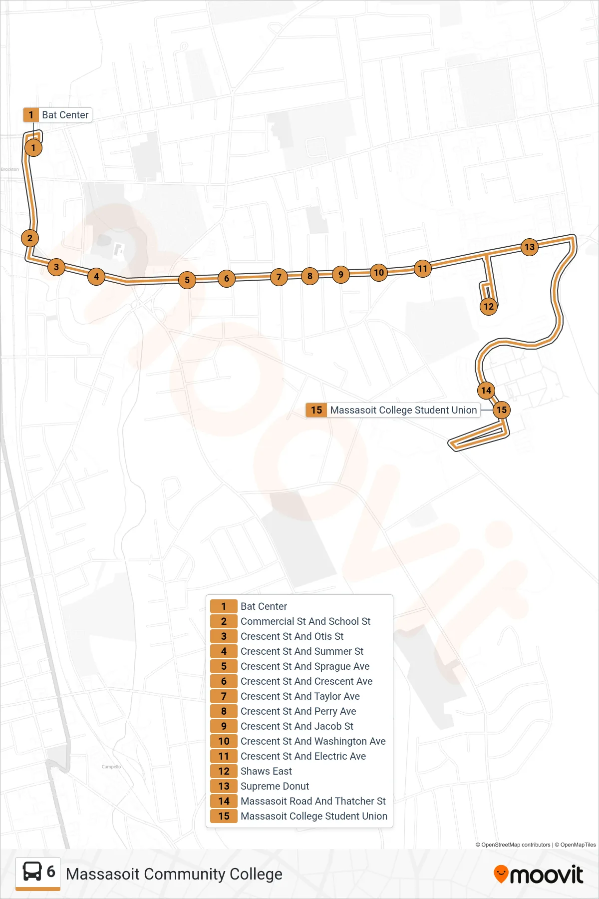 6 bus Line (Massasoit Community College) route and stops on a map
