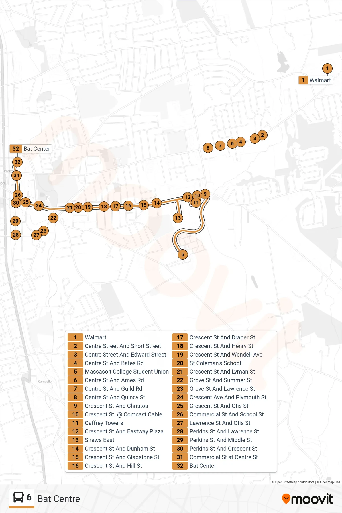 6 bus Line (Bat Centre) route and stops on a map