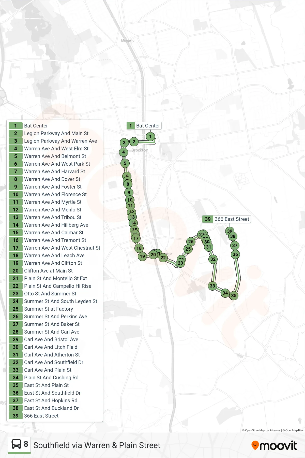 8 bus Line (Southfield) route and stops on a map