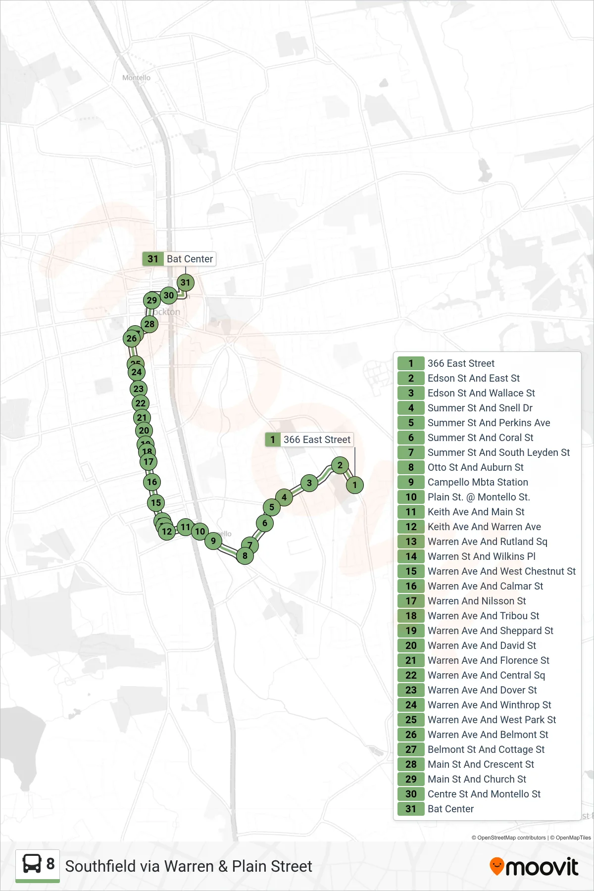 8 bus Line (Bat Centre) route and stops on a map