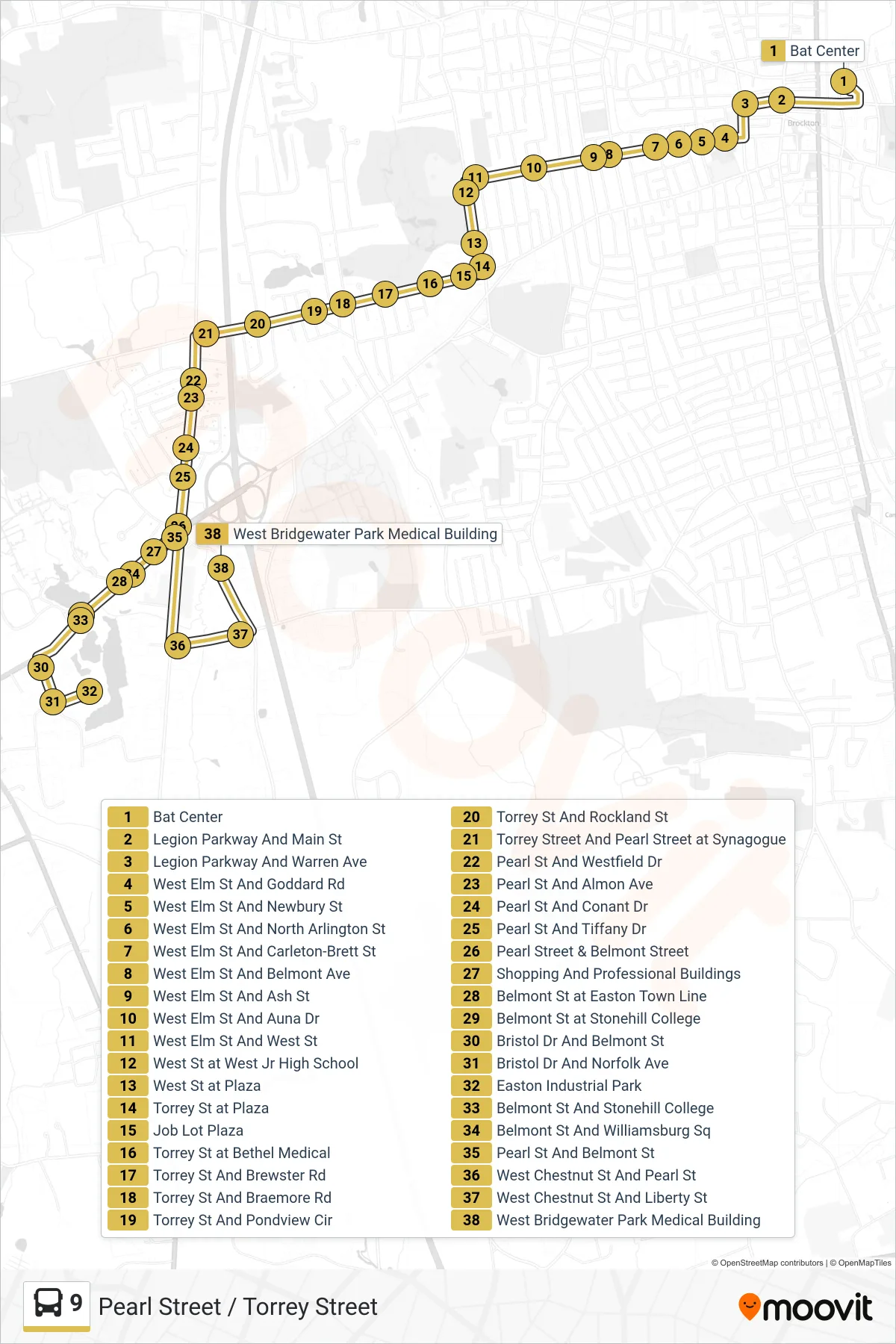 9 bus Line (Pearl Street / Torrey Street) route and stops on a map