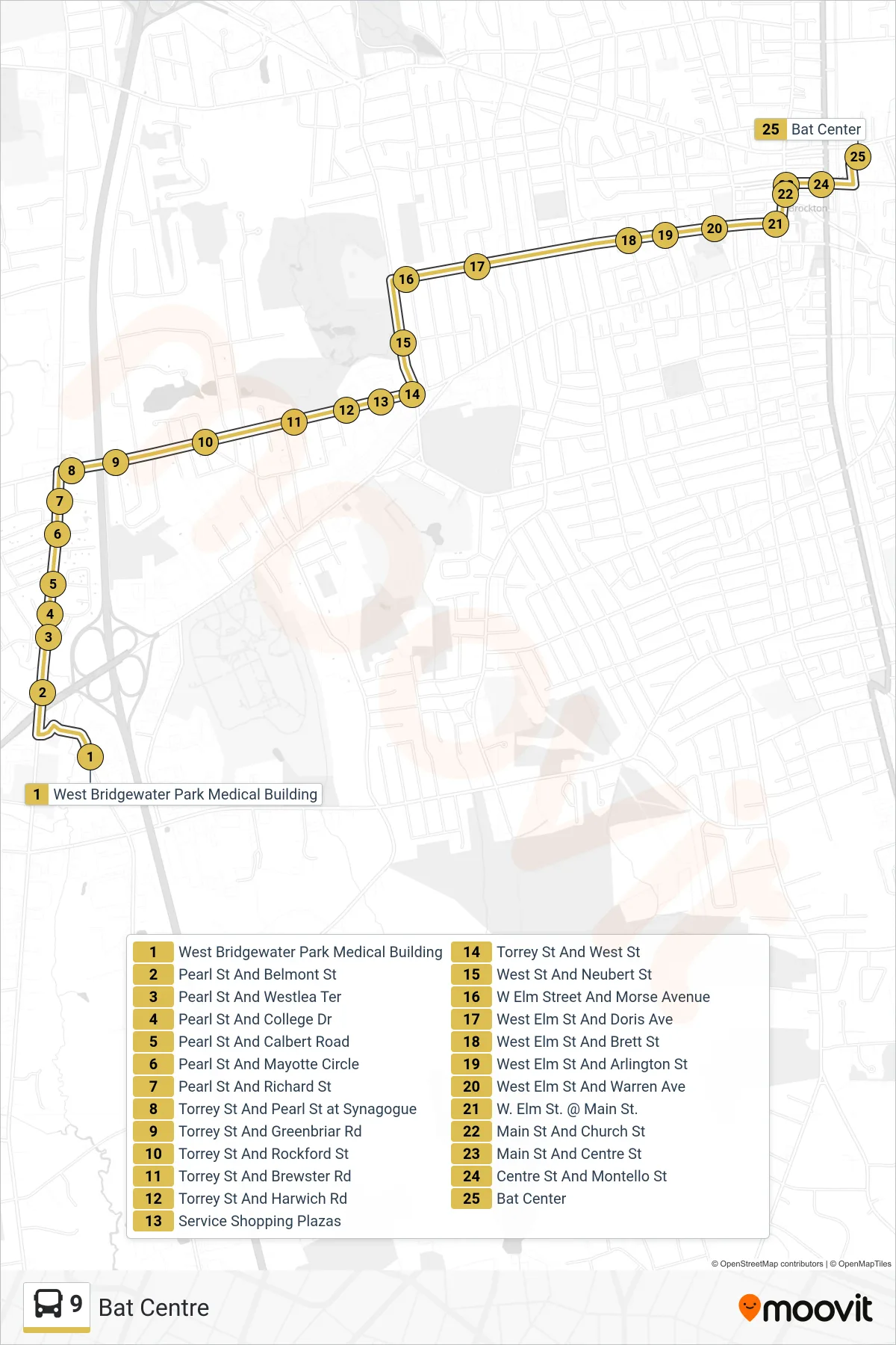 9 bus Line (Bat Centre) route and stops on a map
