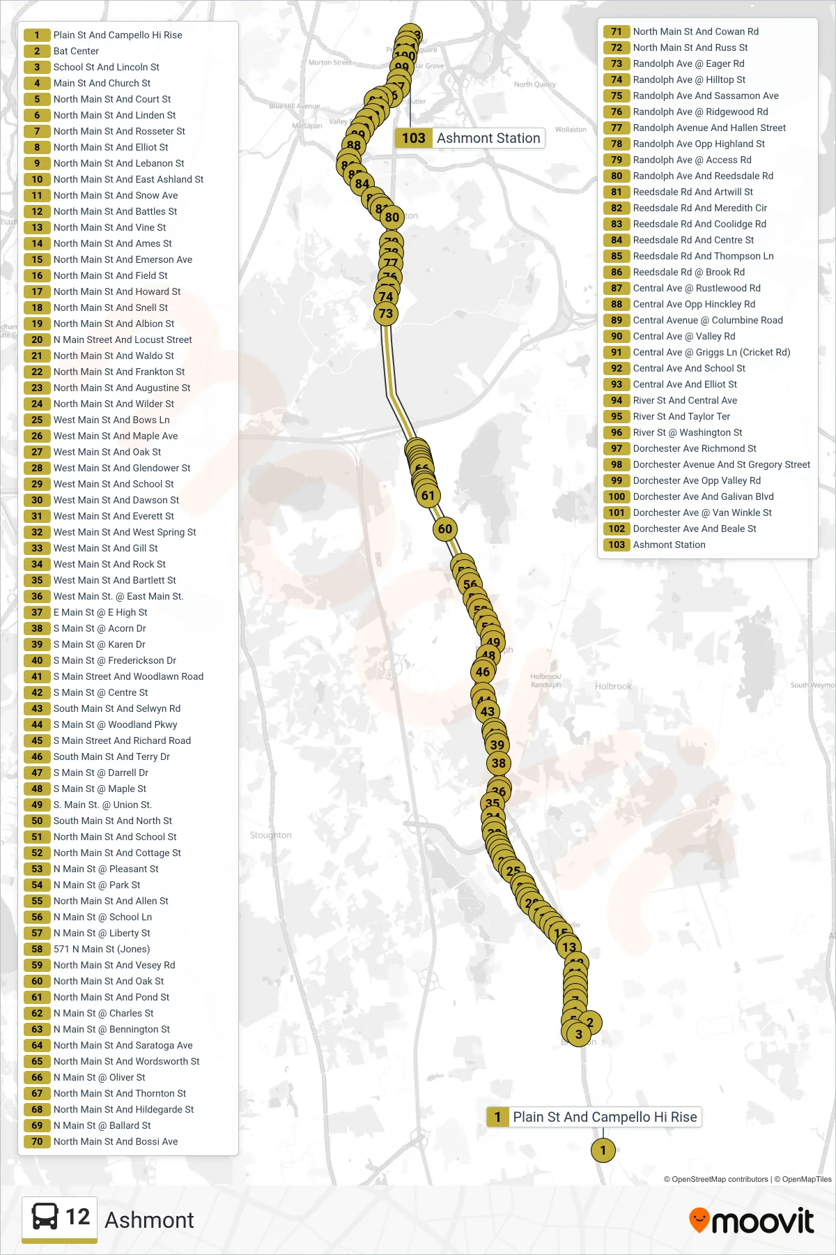 12 bus Line (Ashmont) route and stops on a map