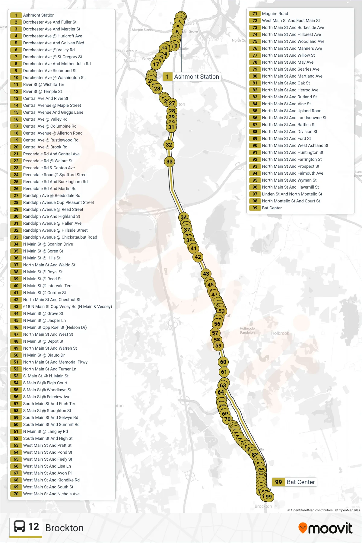 12 bus Line (Brockton) route and stops on a map
