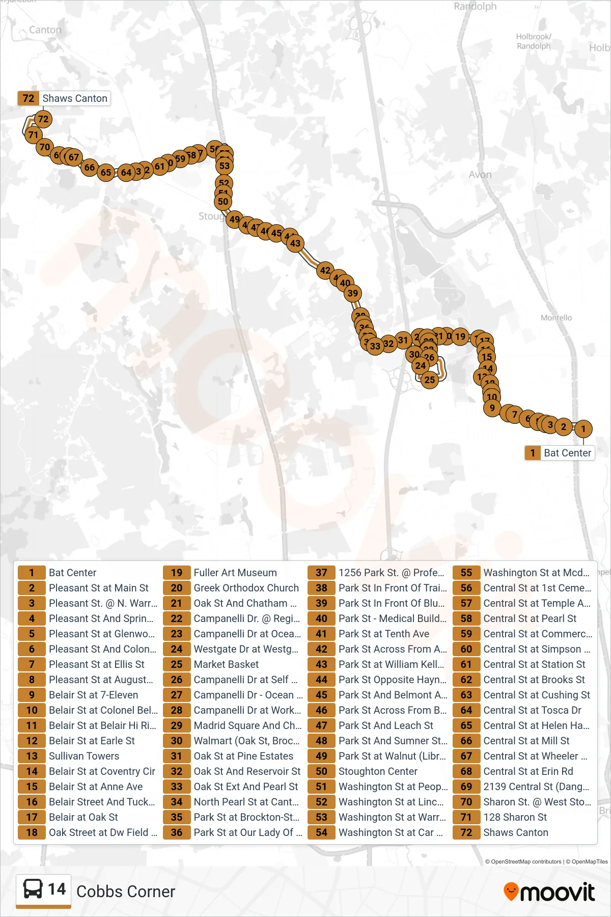 14 bus Line (Cobbs Corner) route and stops on a map