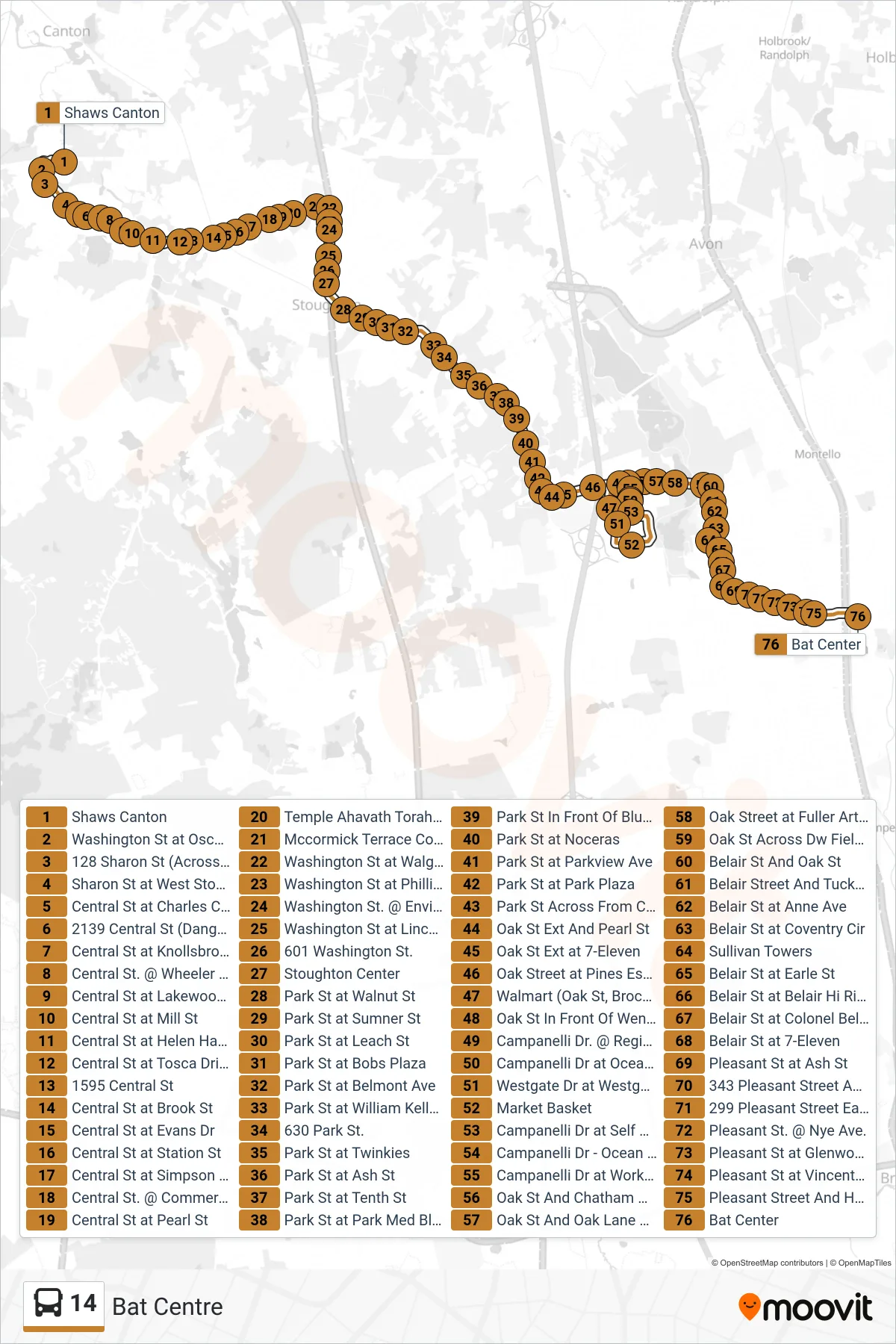 14 bus Line (Bat Centre) route and stops on a map