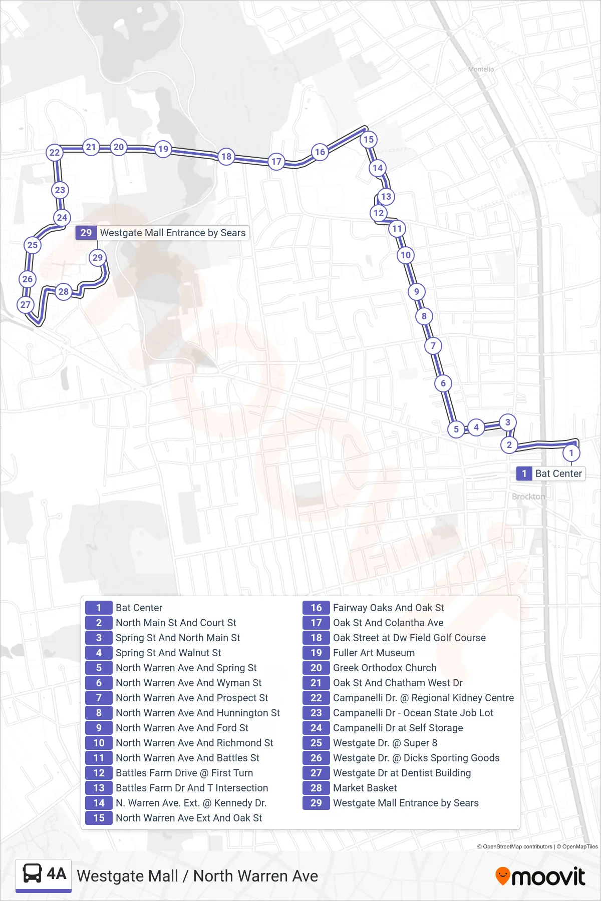 4A bus Line (Westgate Mall / North Warren Ave) route and stops on a map