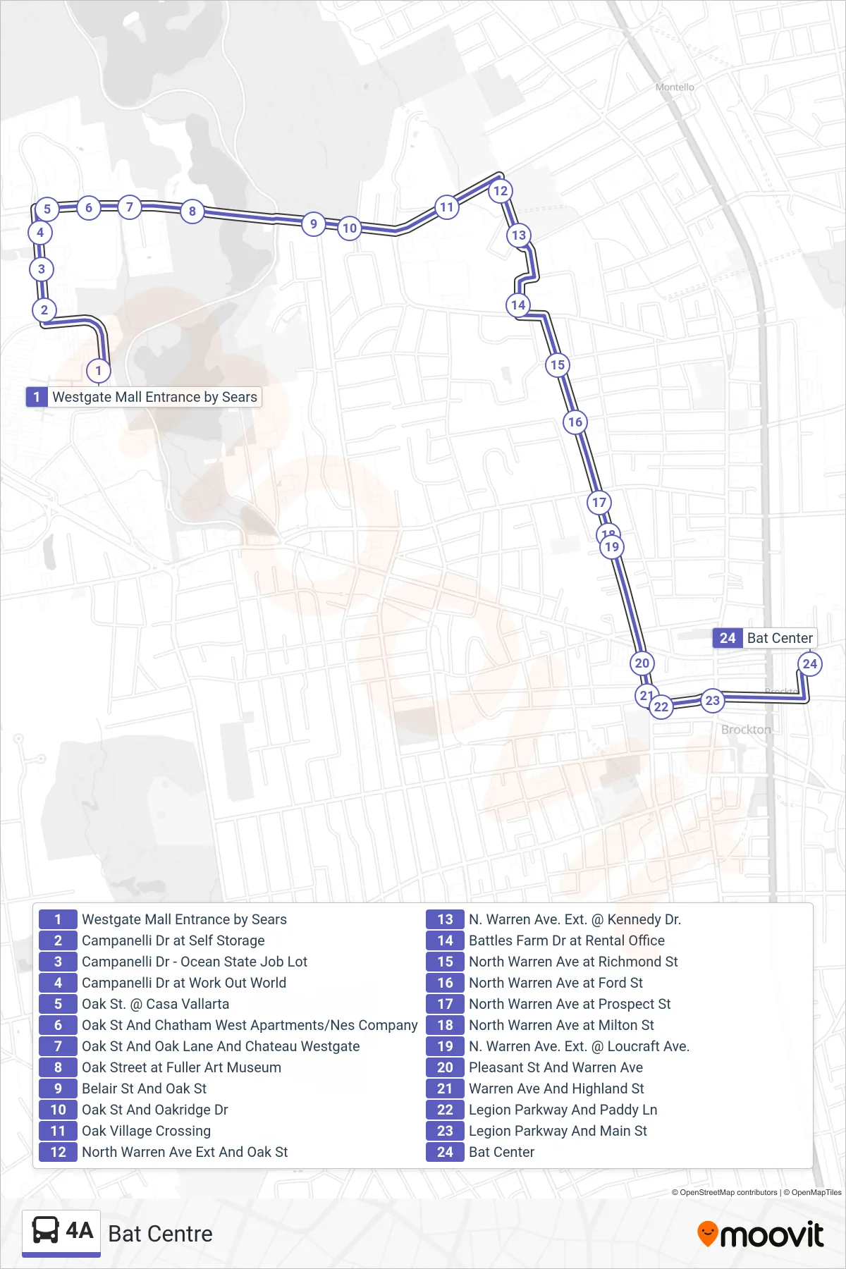 4A bus Line (Bat Centre) route and stops on a map