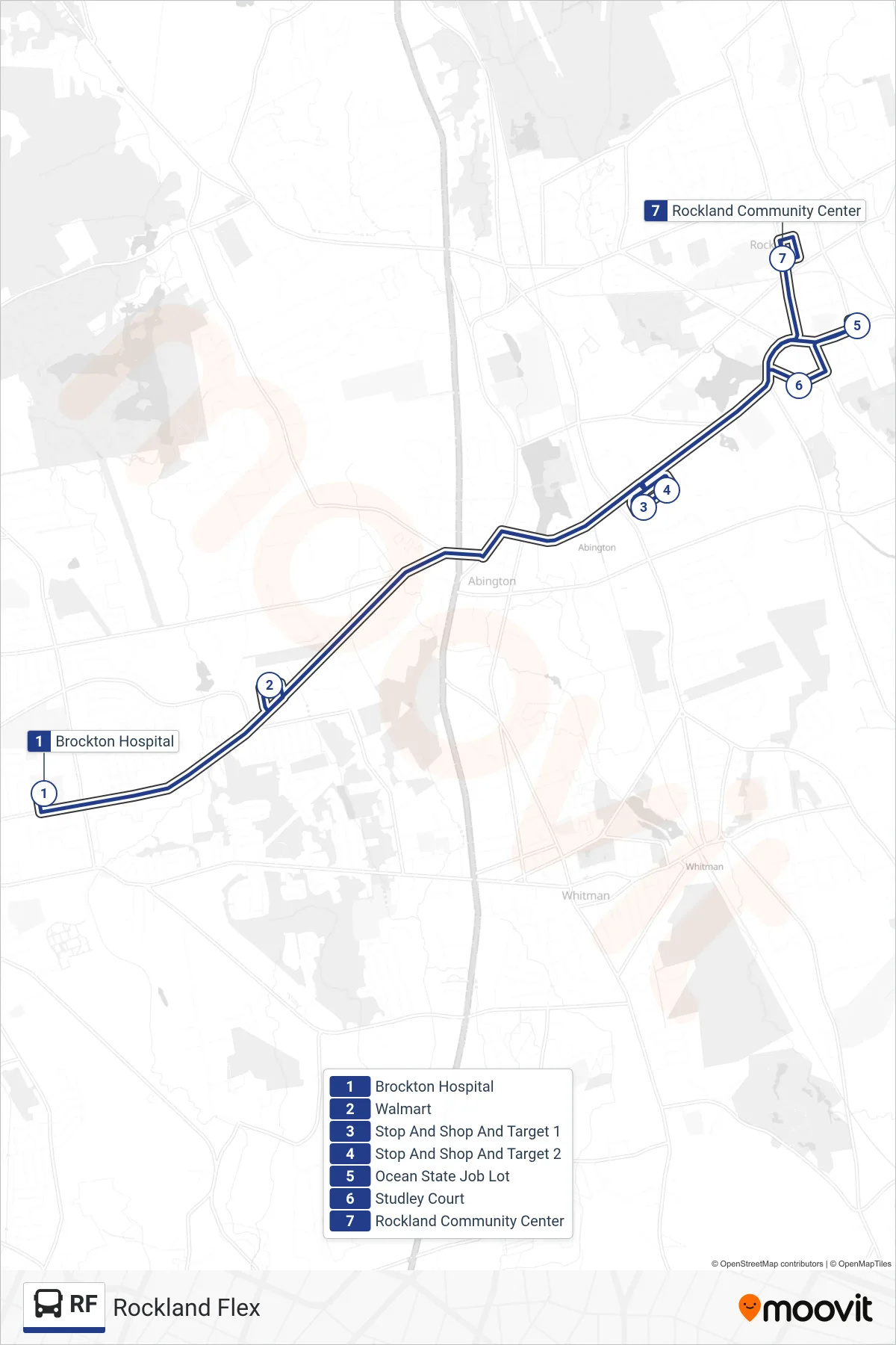 RF bus Line (Rockland Community Center) route and stops on a map
