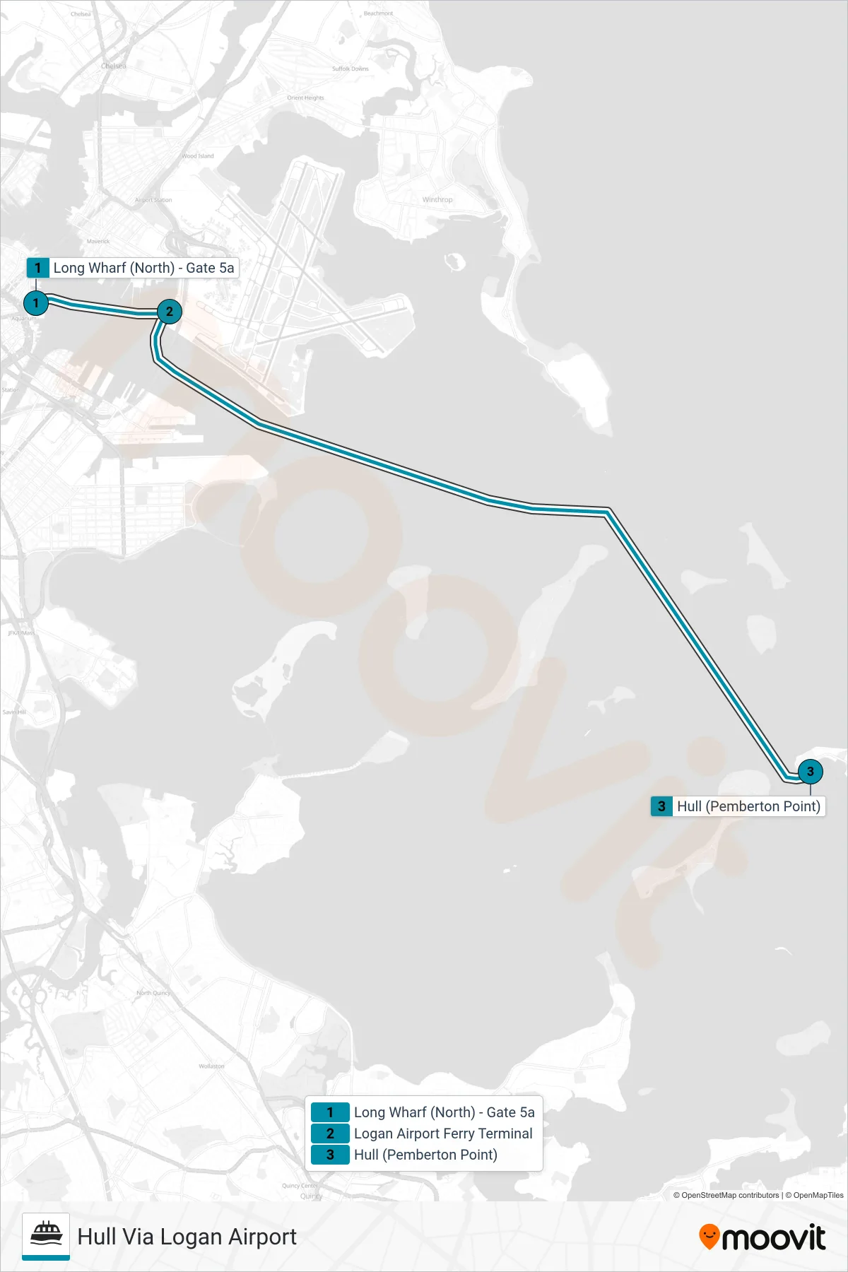 HINGHAM/HULL FERRY ferry Line (Hull Via Logan Airport) route and stops on a map