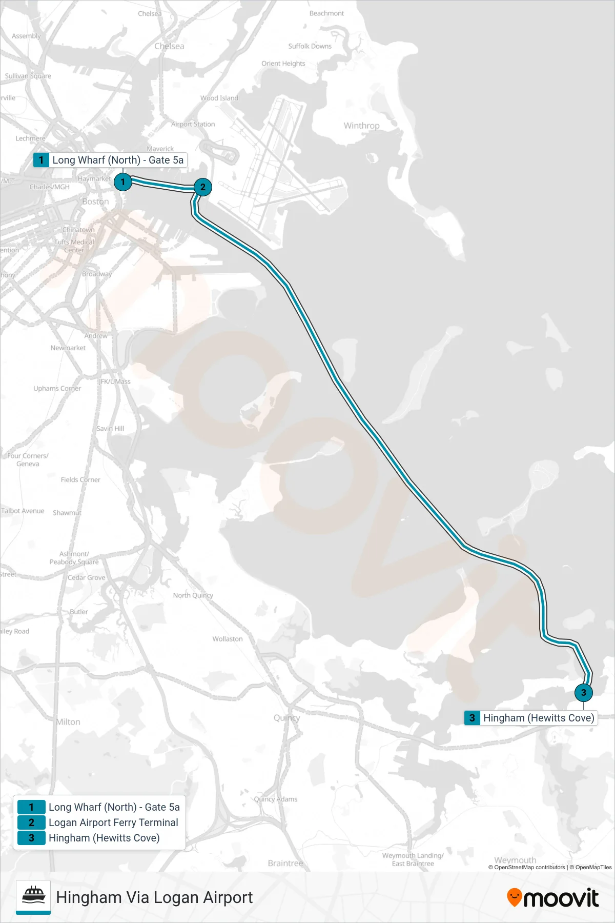 HINGHAM/HULL FERRY ferry Line (Hingham Via Logan Airport) route and stops on a map