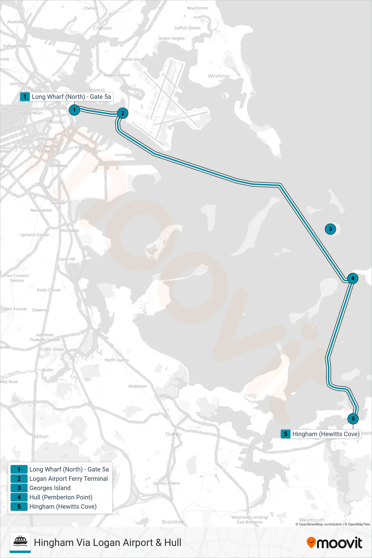 HINGHAM/HULL FERRY ferry Line (Hingham Via Logan Airport & Hull) route and stops on a map