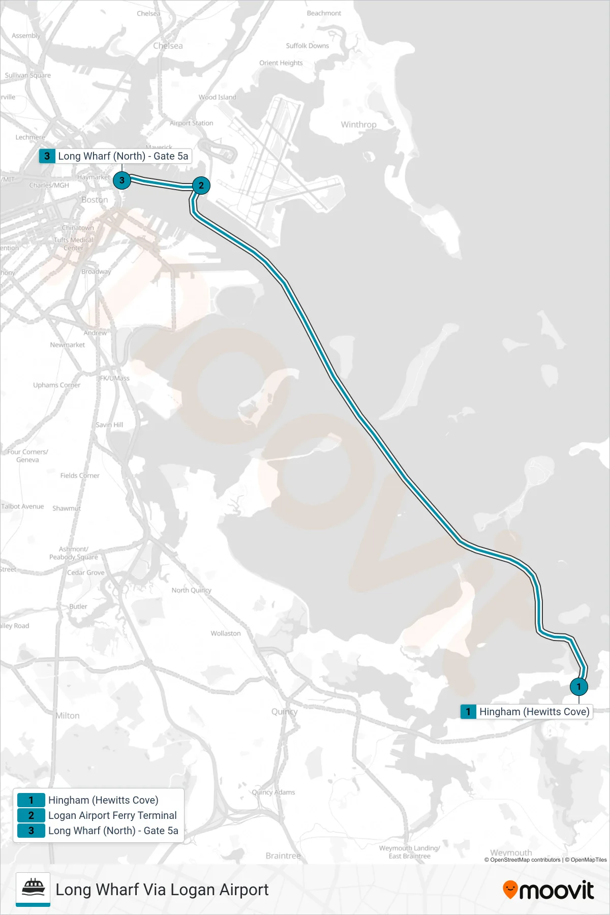 HINGHAM/HULL FERRY ferry Line (Long Wharf Via Logan Airport) route and stops on a map