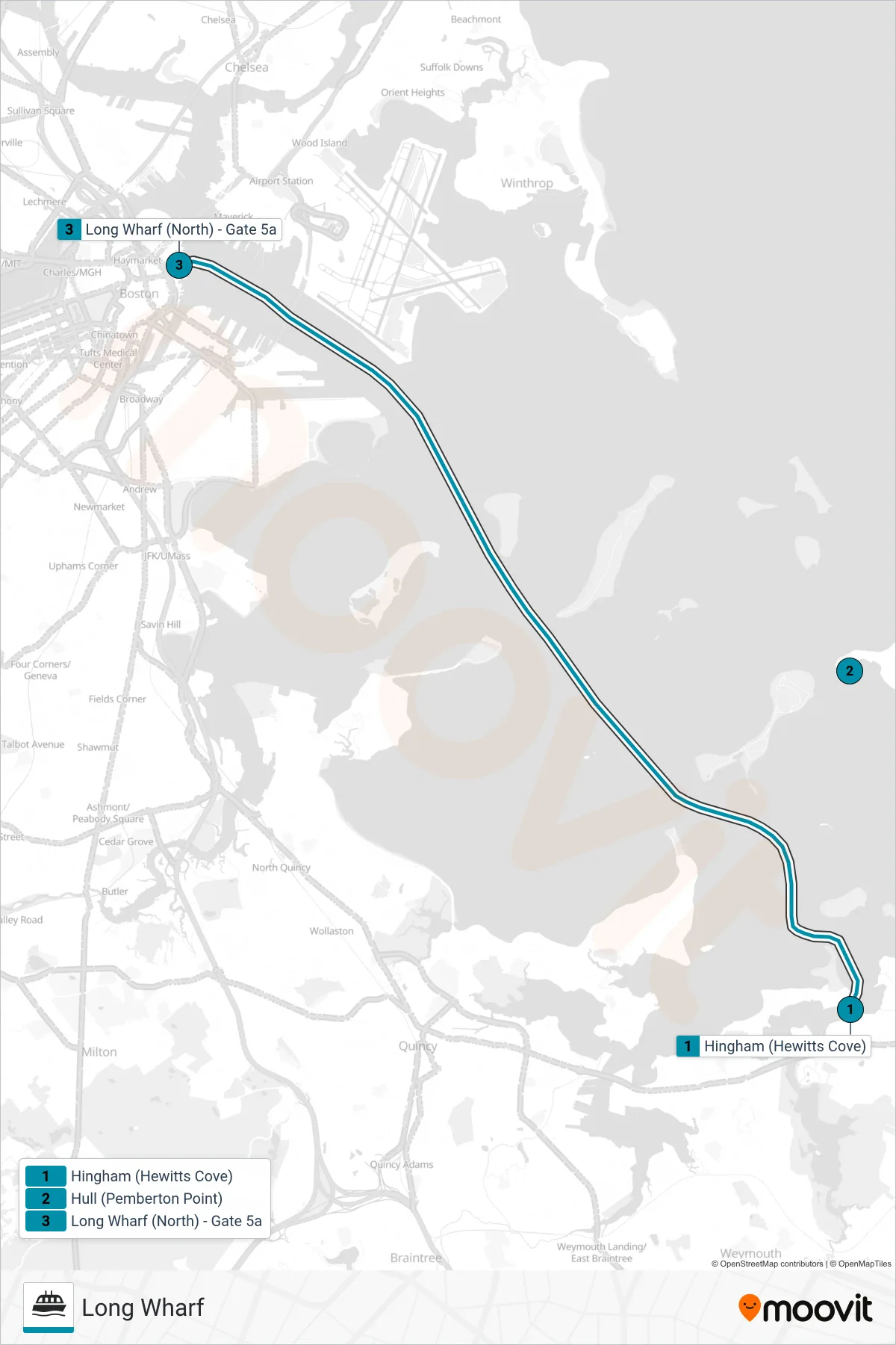 HINGHAM/HULL FERRY ferry Line (Long Wharf) route and stops on a map