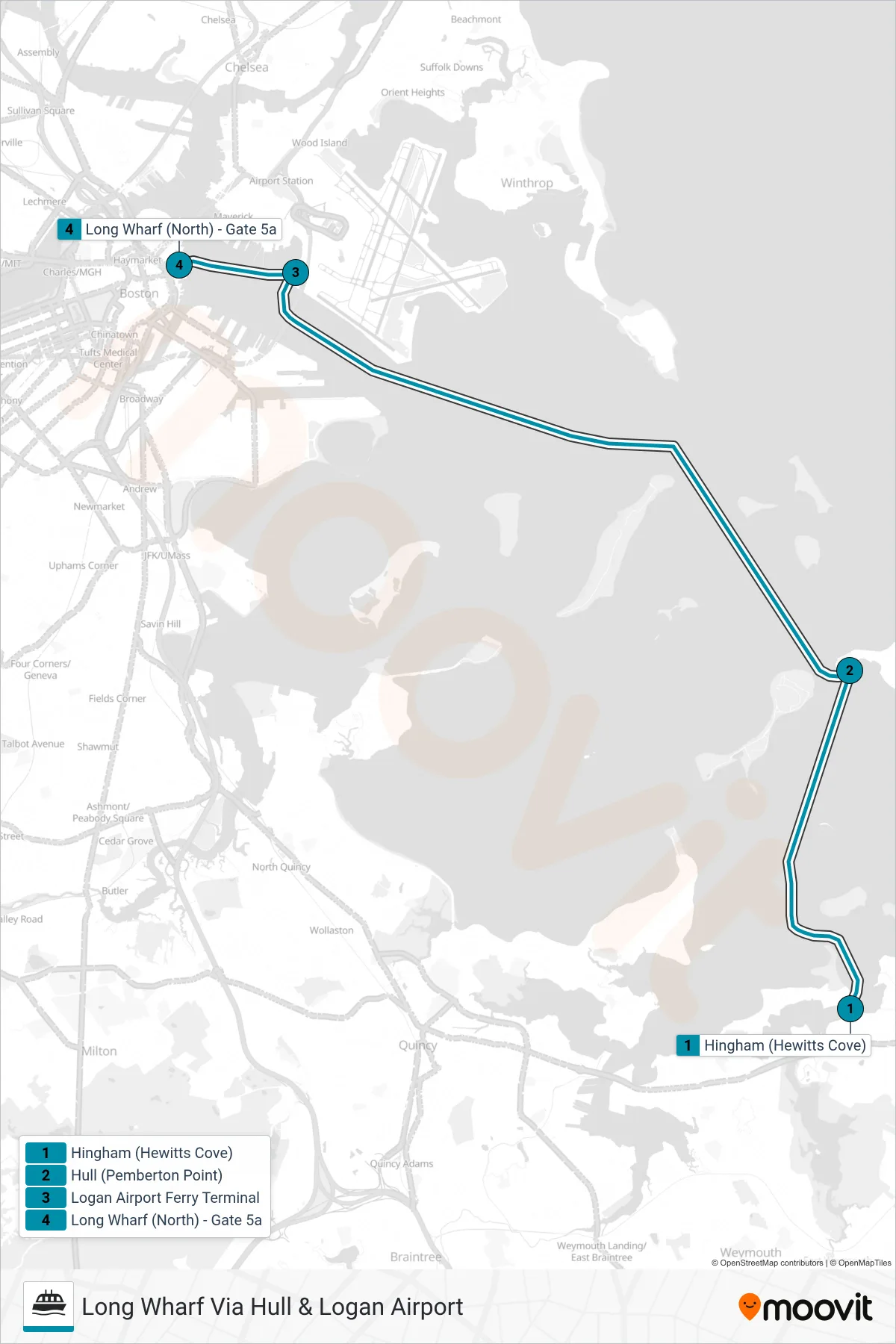 HINGHAM/HULL FERRY ferry Line (Long Wharf Via Hull & Logan Airport) route and stops on a map