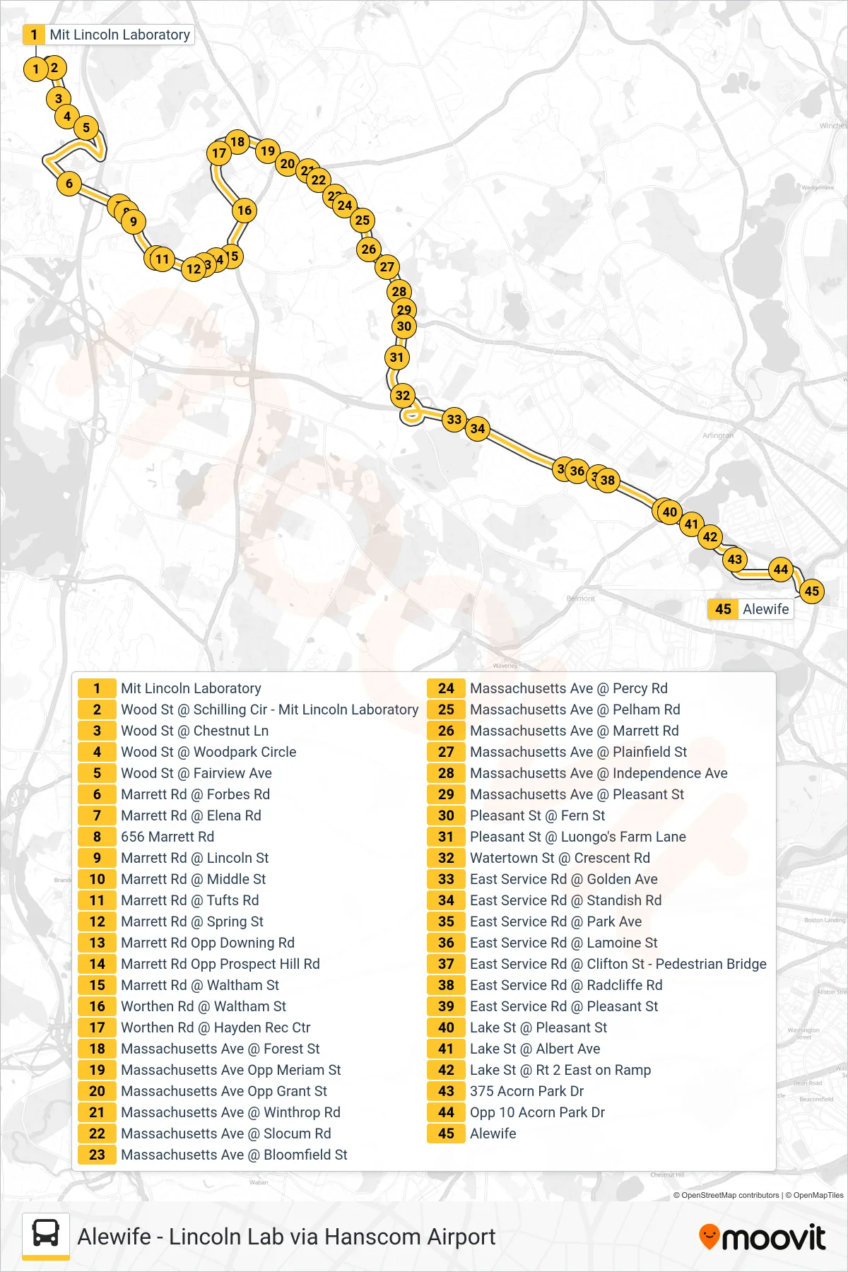 76 bus Line (Alewife) route and stops on a map