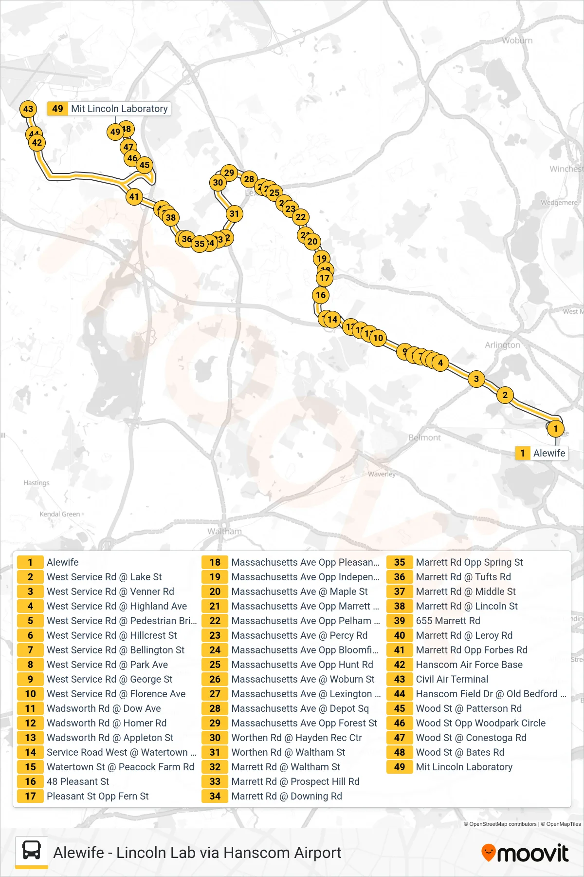 76 bus Line (Lincoln Lab Via Hanscom Airport) route and stops on a map