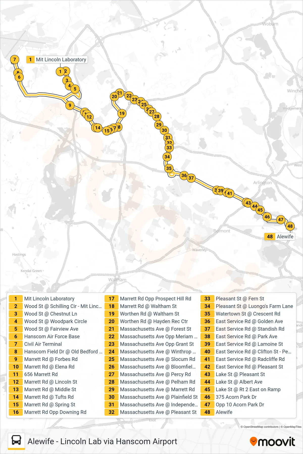76 bus Line (Alewife Via Hanscom Airport) route and stops on a map