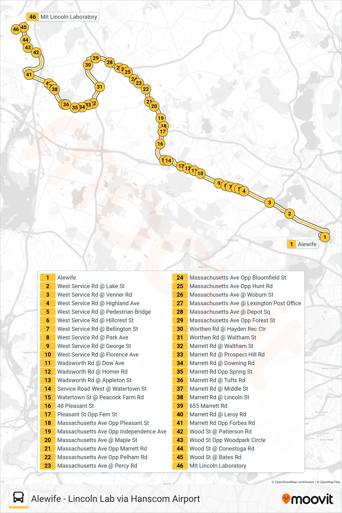 76 bus Line (Lincoln Lab) route and stops on a map