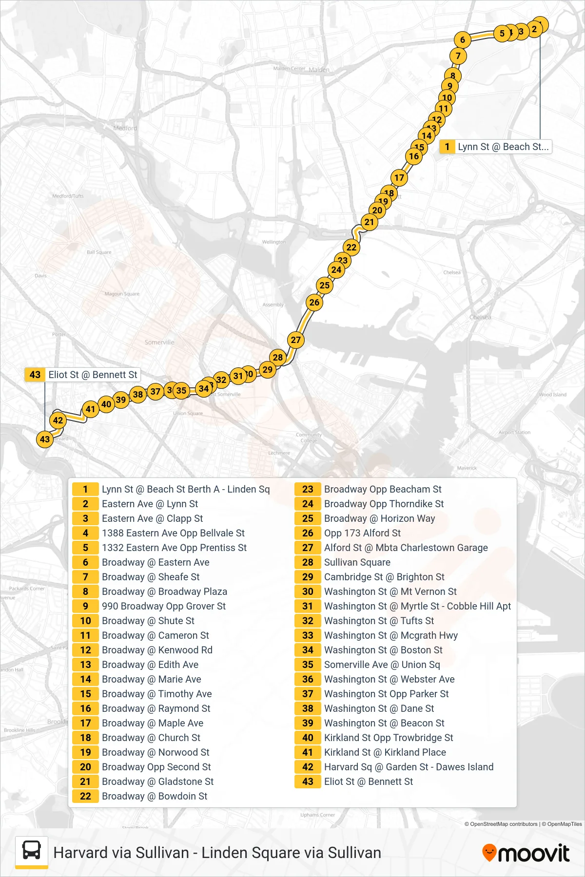 109 bus Line (Harvard Via Sullivan) route and stops on a map