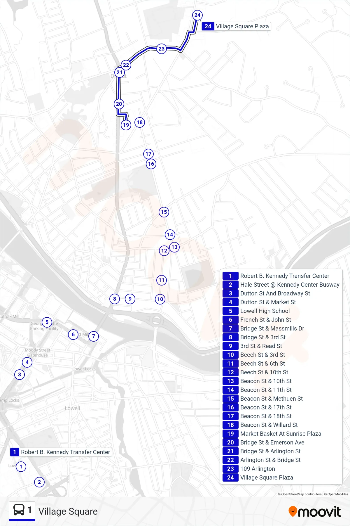 1 bus Line (Village Square) route and stops on a map