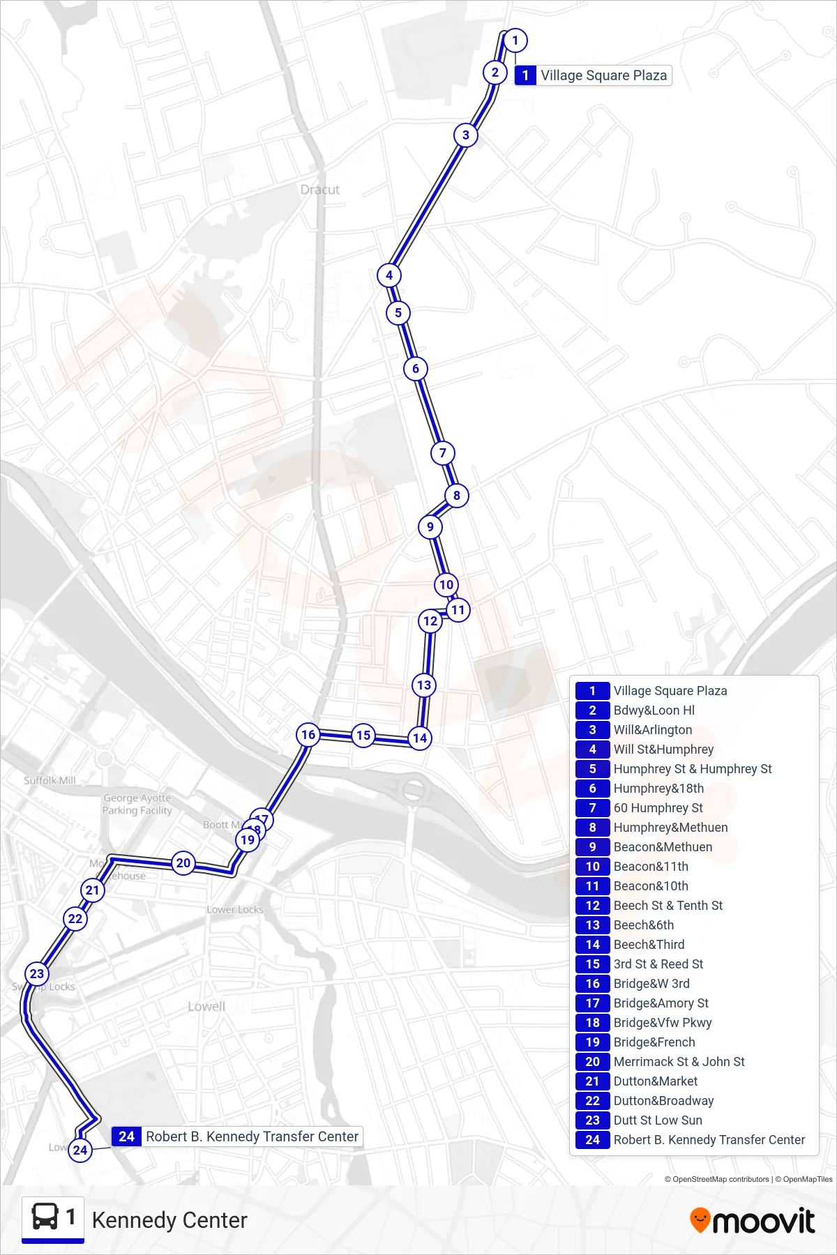 1 bus Line (Kennedy Center) route and stops on a map
