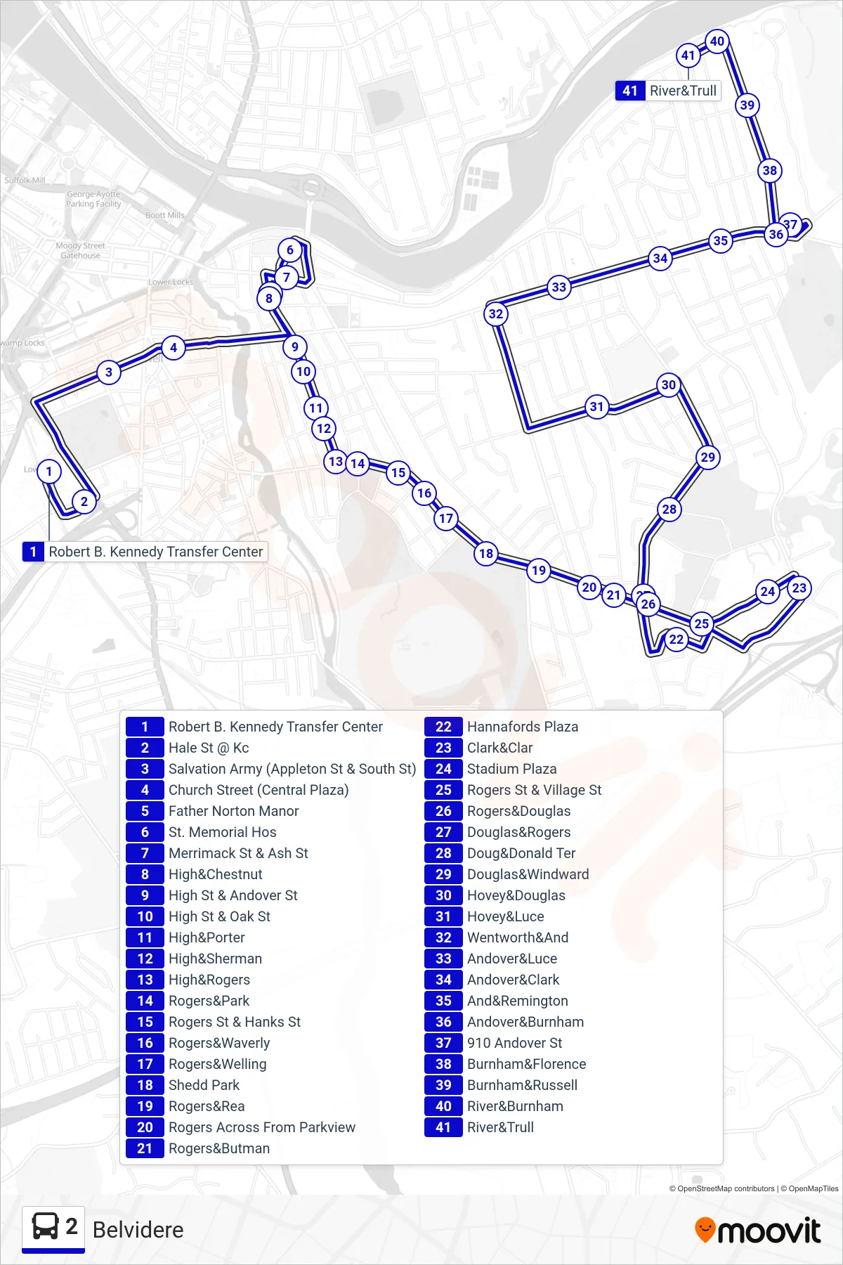 2 bus Line (Belvidere) route and stops on a map