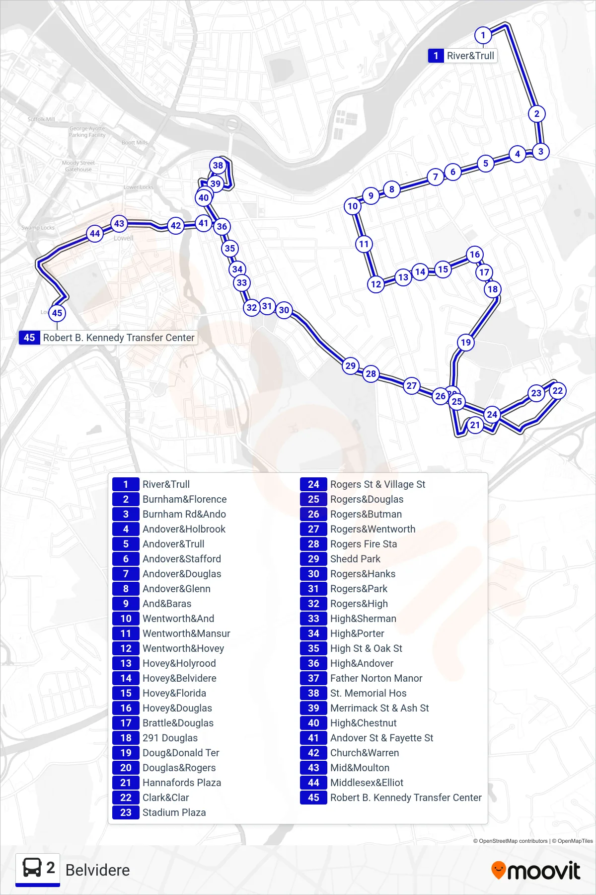 2 bus Line (Kennedy Center) route and stops on a map