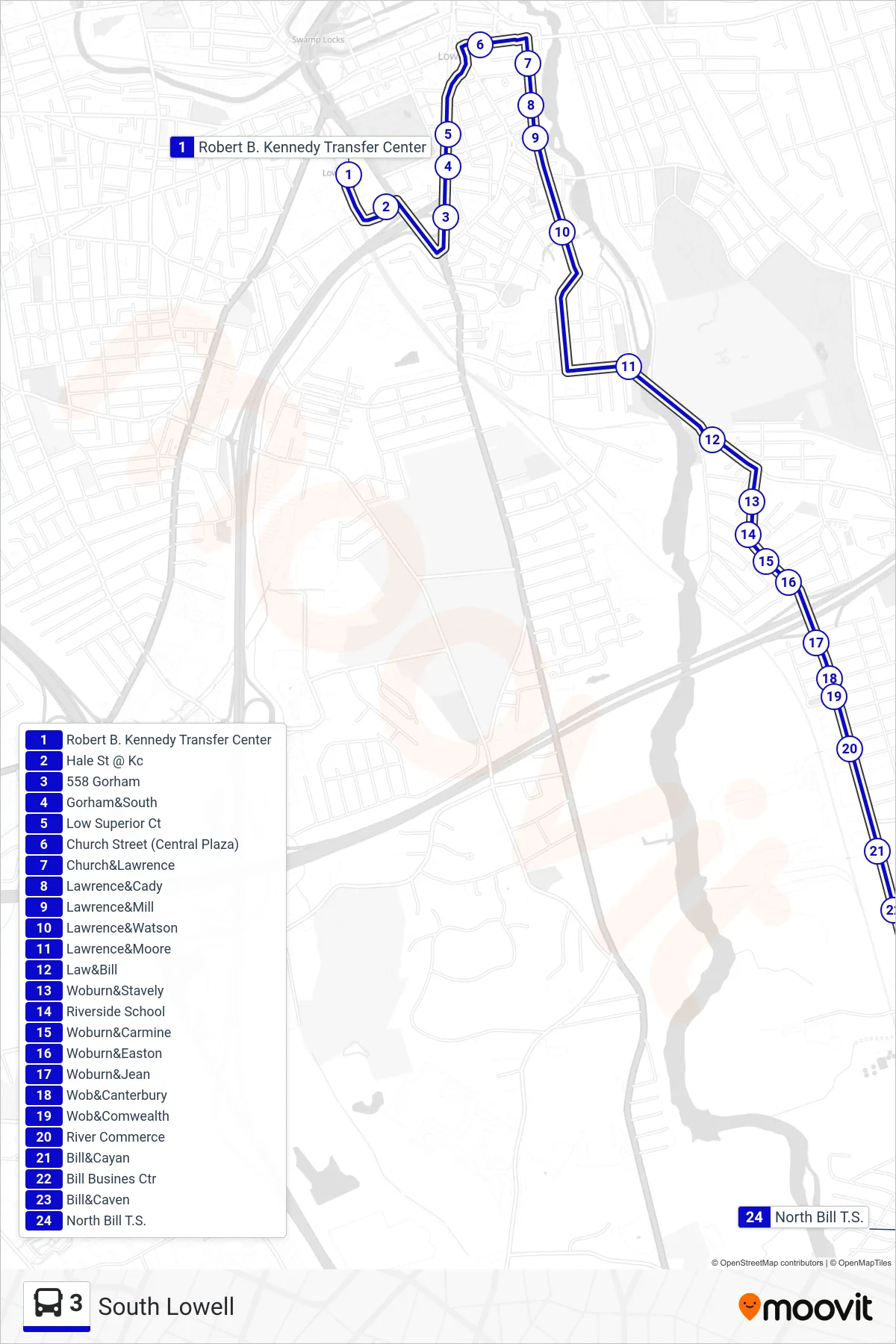 3 bus Line (South Lowell) route and stops on a map