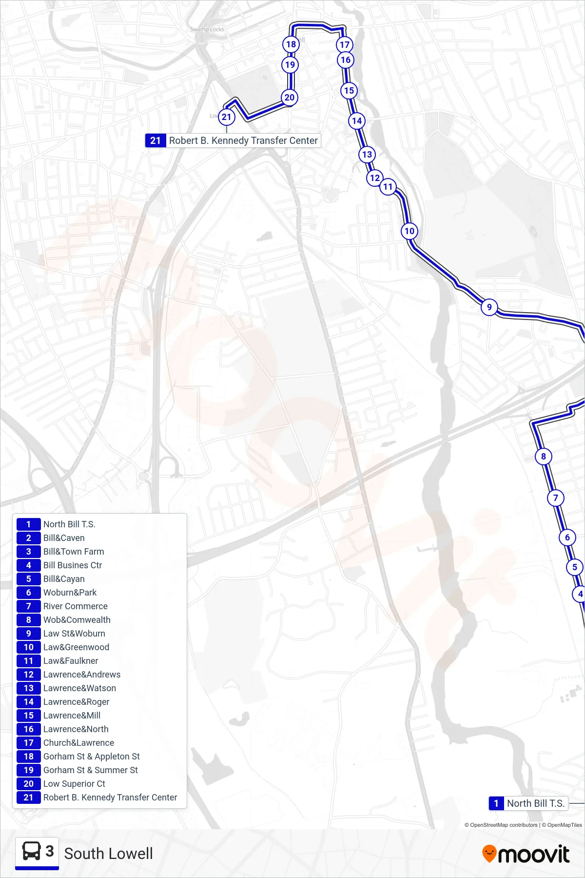 3 bus Line (Kennedy Center) route and stops on a map