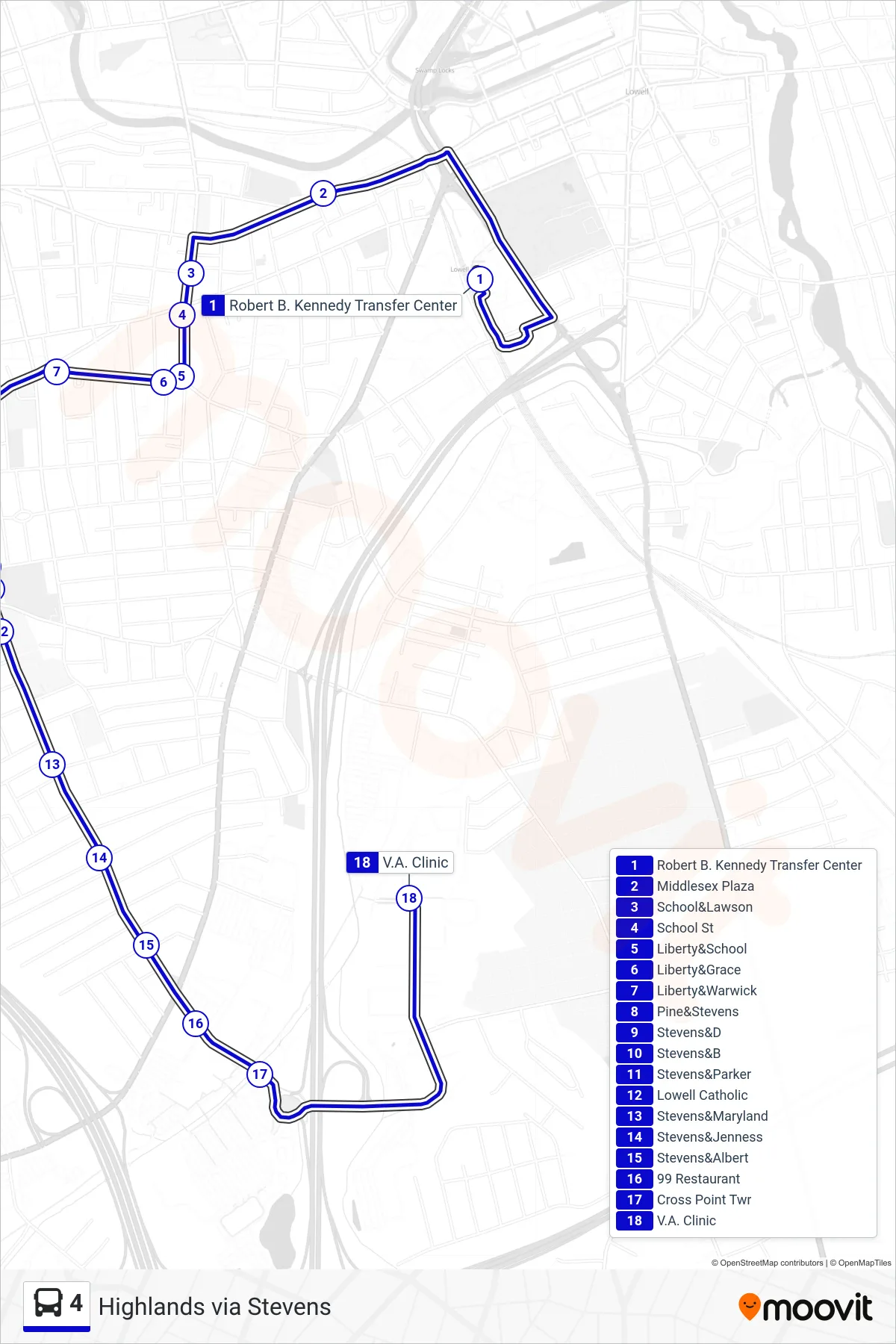 4 bus Line (Highlands Via Stevens) route and stops on a map