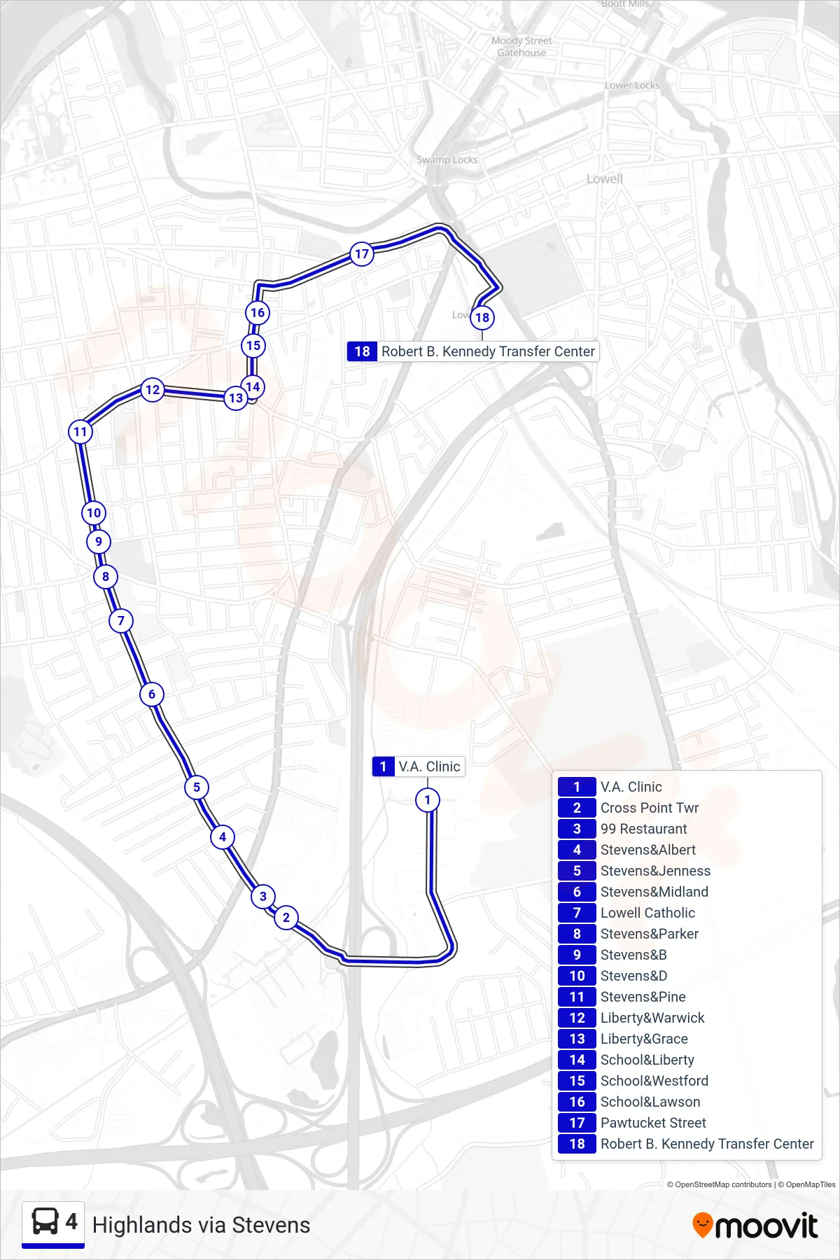 4 bus Line (Kennedy Center) route and stops on a map